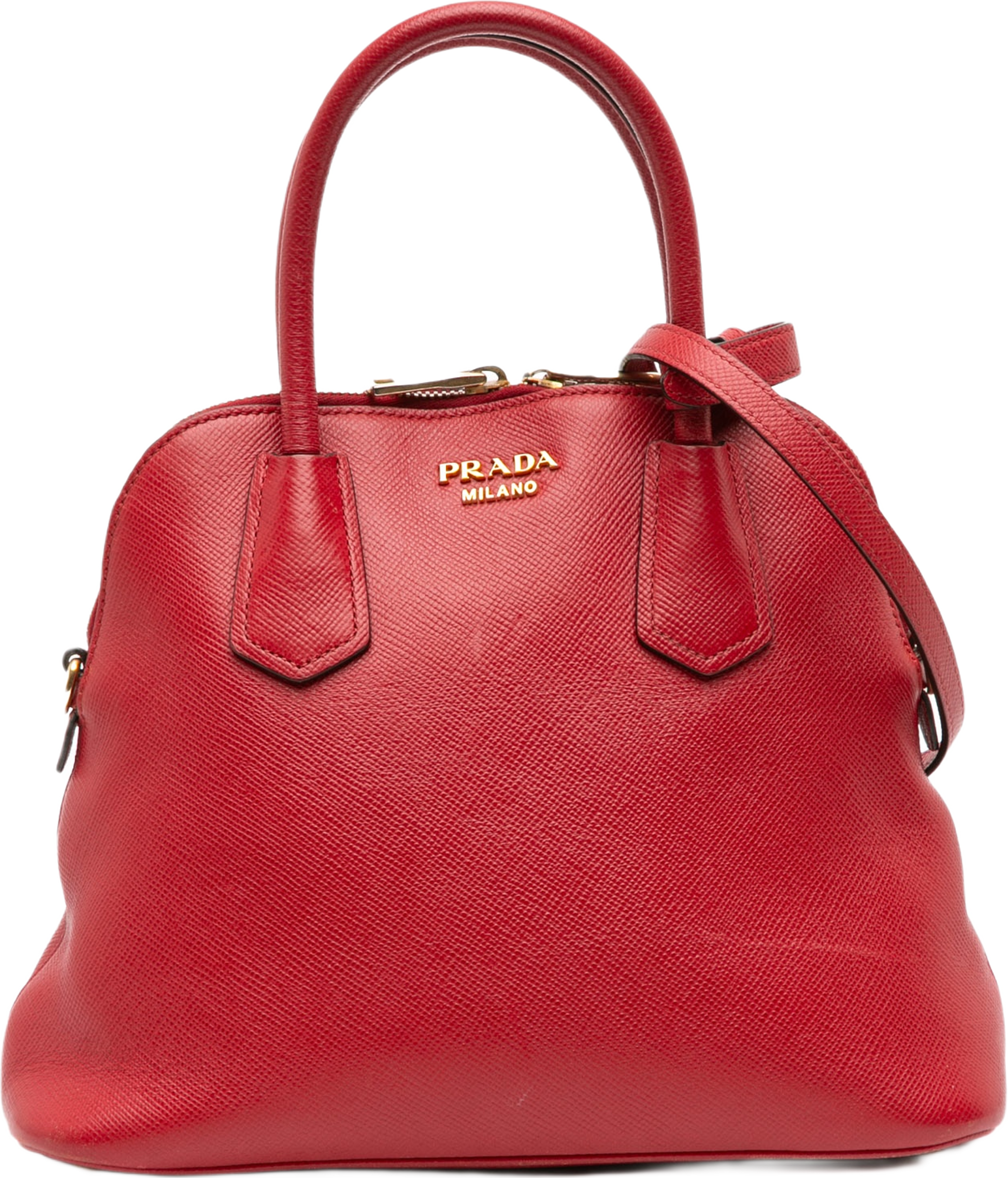 Prada Medium Saffiano Dome Satchel, från Luxclusif, i färgen red. Klicka för att öppna bilden i stort format