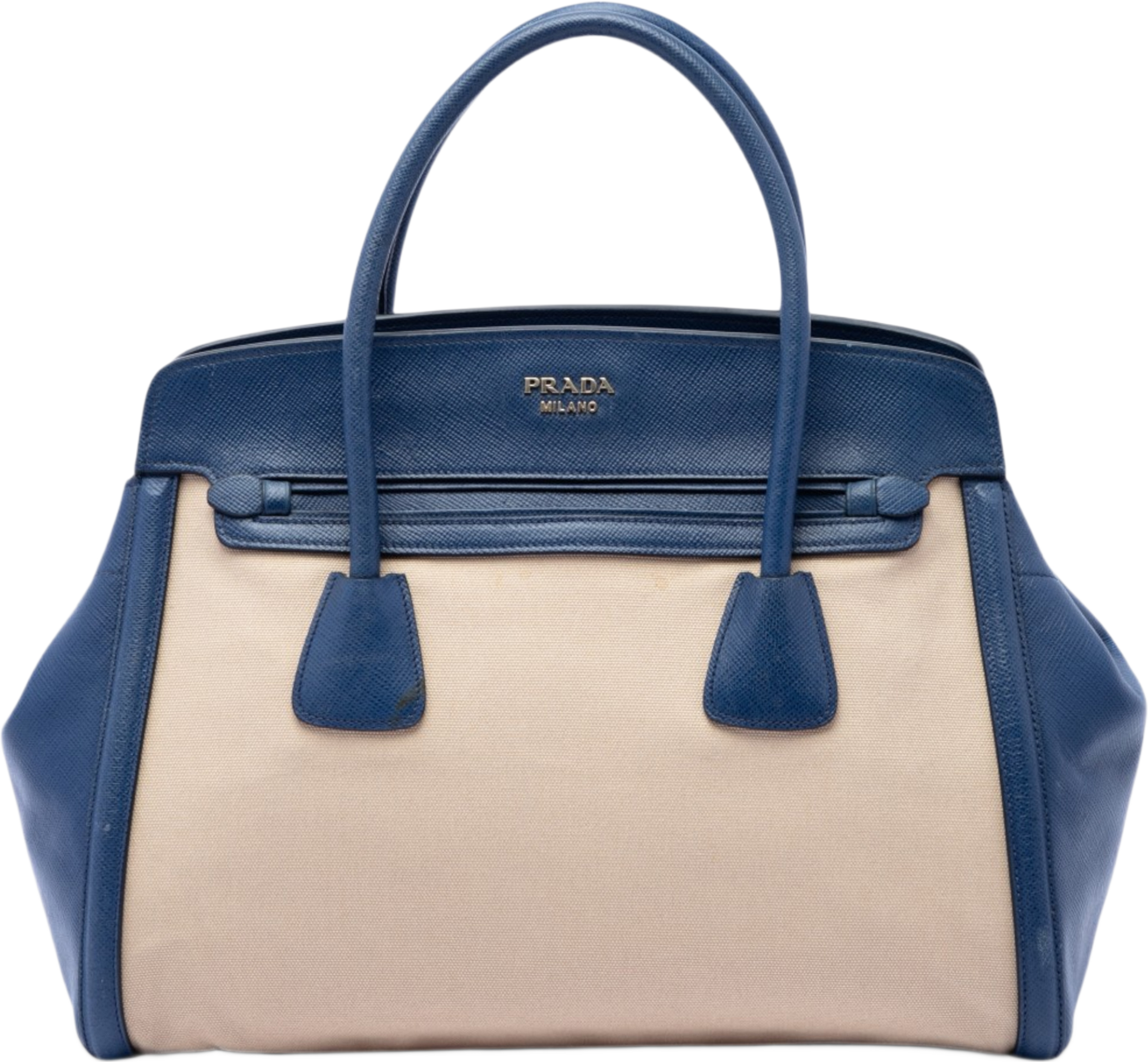 Prada Saffiano Cuir Trimmed Canapa Satchel, från Luxclusif, i färgen blå. Klicka för att öppna bilden i stort format