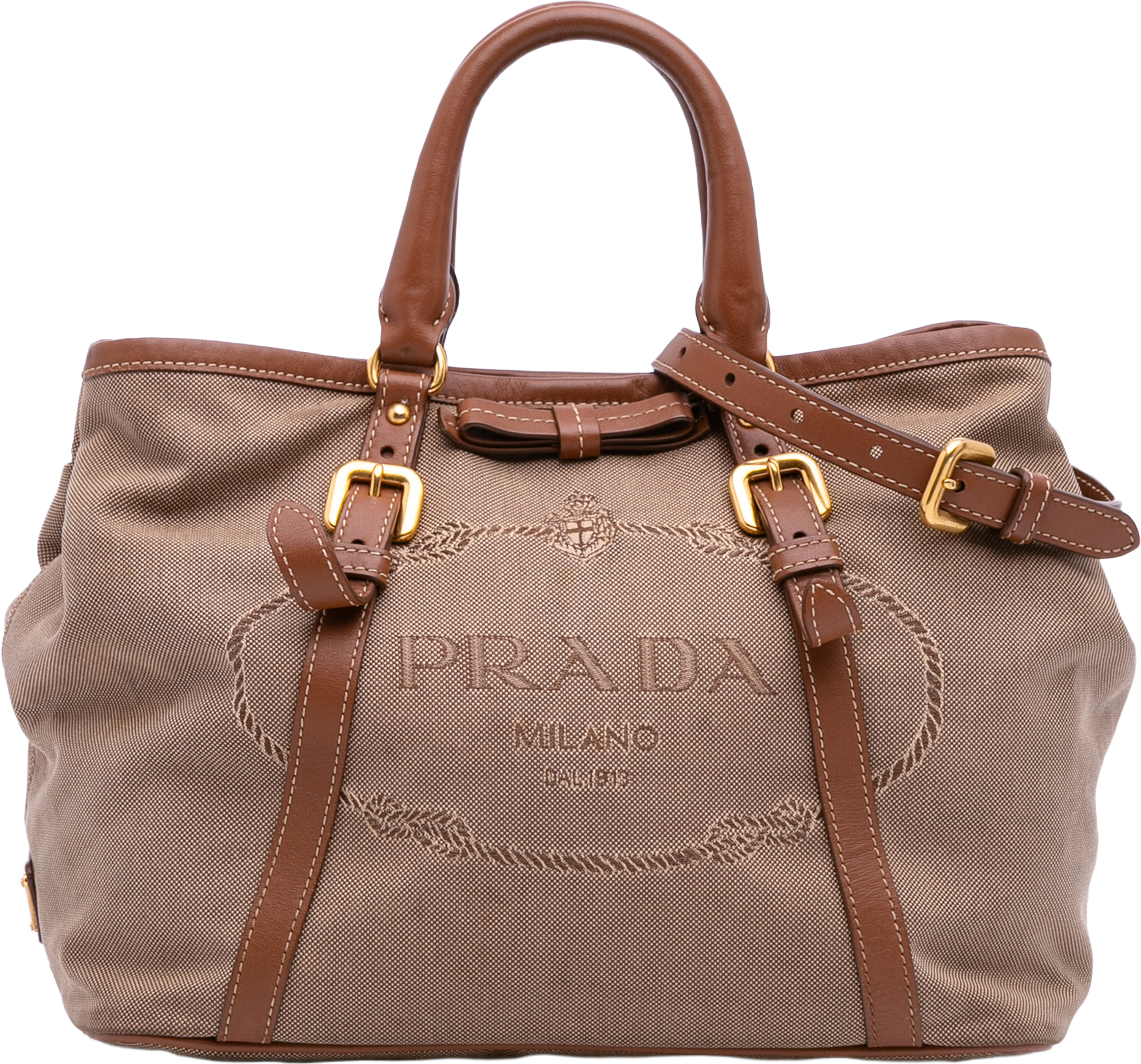 Prada Canvas Canapa Logo Satchel, från Luxclusif, i färgen beige. Klicka för att öppna bilden i stort format