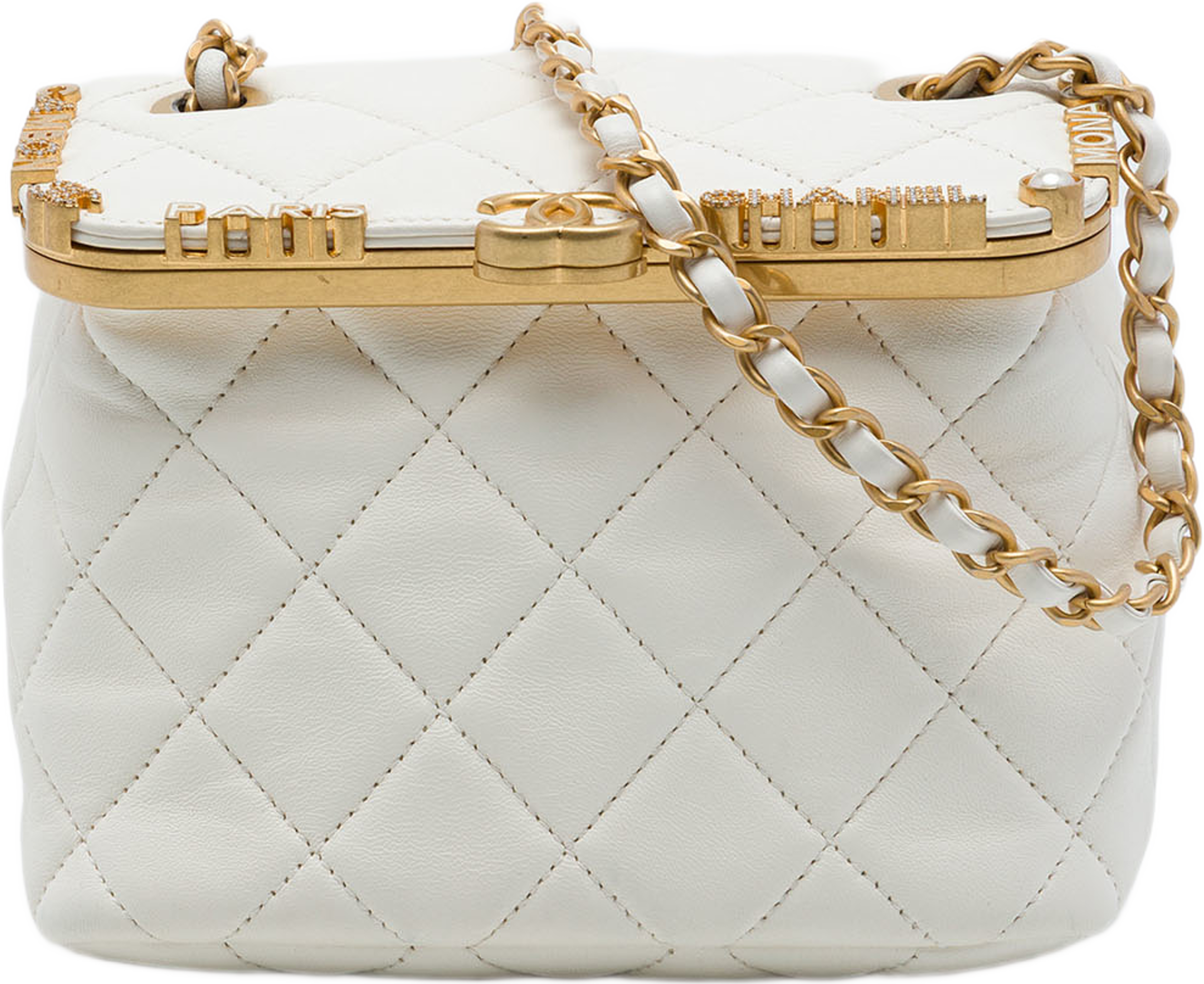 Chanel Mini Quilted Lambskin Paris Monaco Kiss Lock Vanity Bag, från Luxclusif, i färgen vit. Klicka för att öppna bilden i stort format