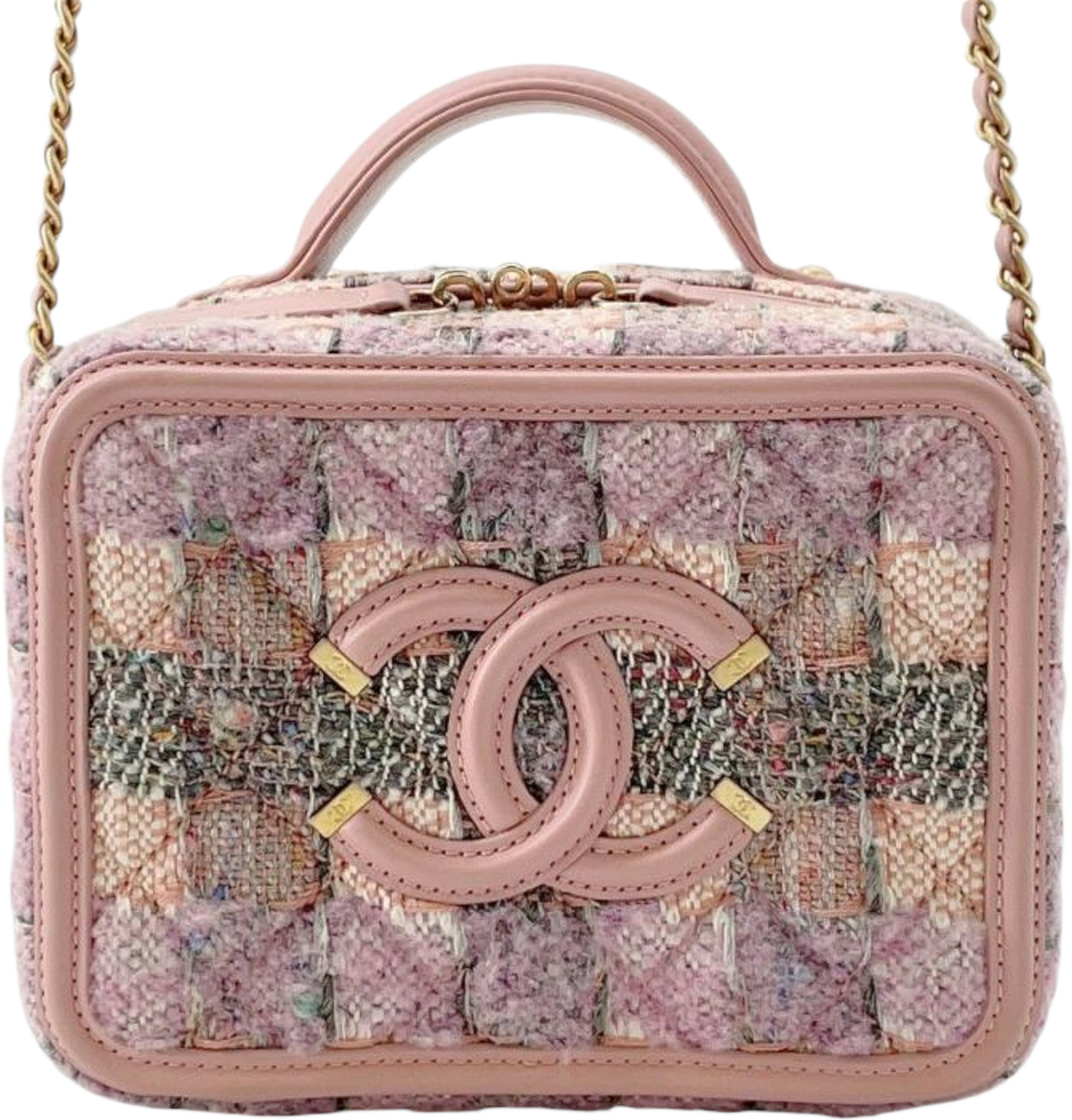 Chanel Small Tweed Cc Filigree Vanity Case, från Luxclusif, i färgen light pink. Klicka för att öppna bilden i stort format