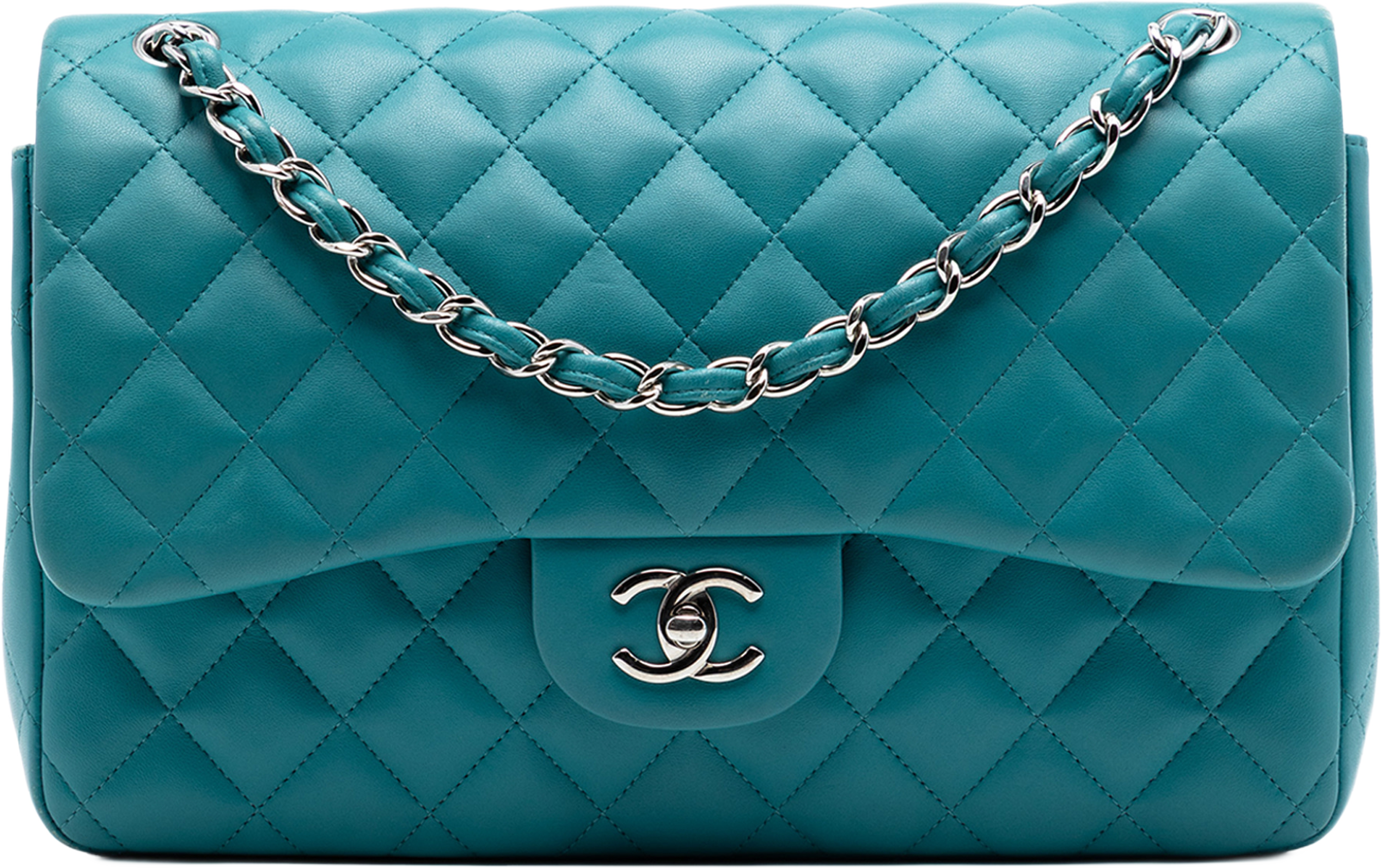 Chanel Jumbo Classic Lambskin Double Flap, från Luxclusif, i färgen blå. Klicka för att öppna bilden i stort format