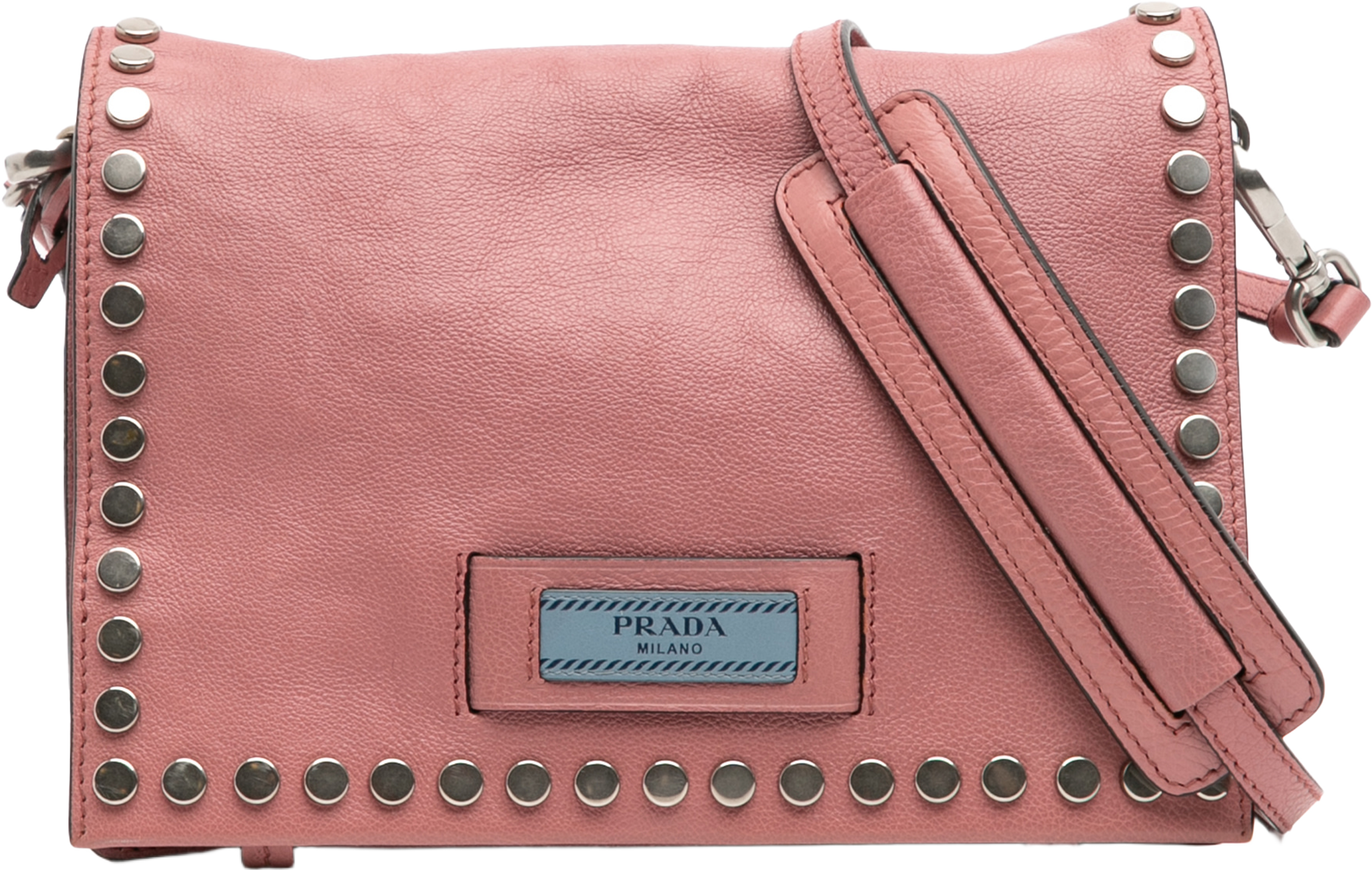 Prada Glace Calf Studded Etiquette Flap Crossbody, från Luxclusif, i färgen pink. Klicka för att öppna bilden i stort format