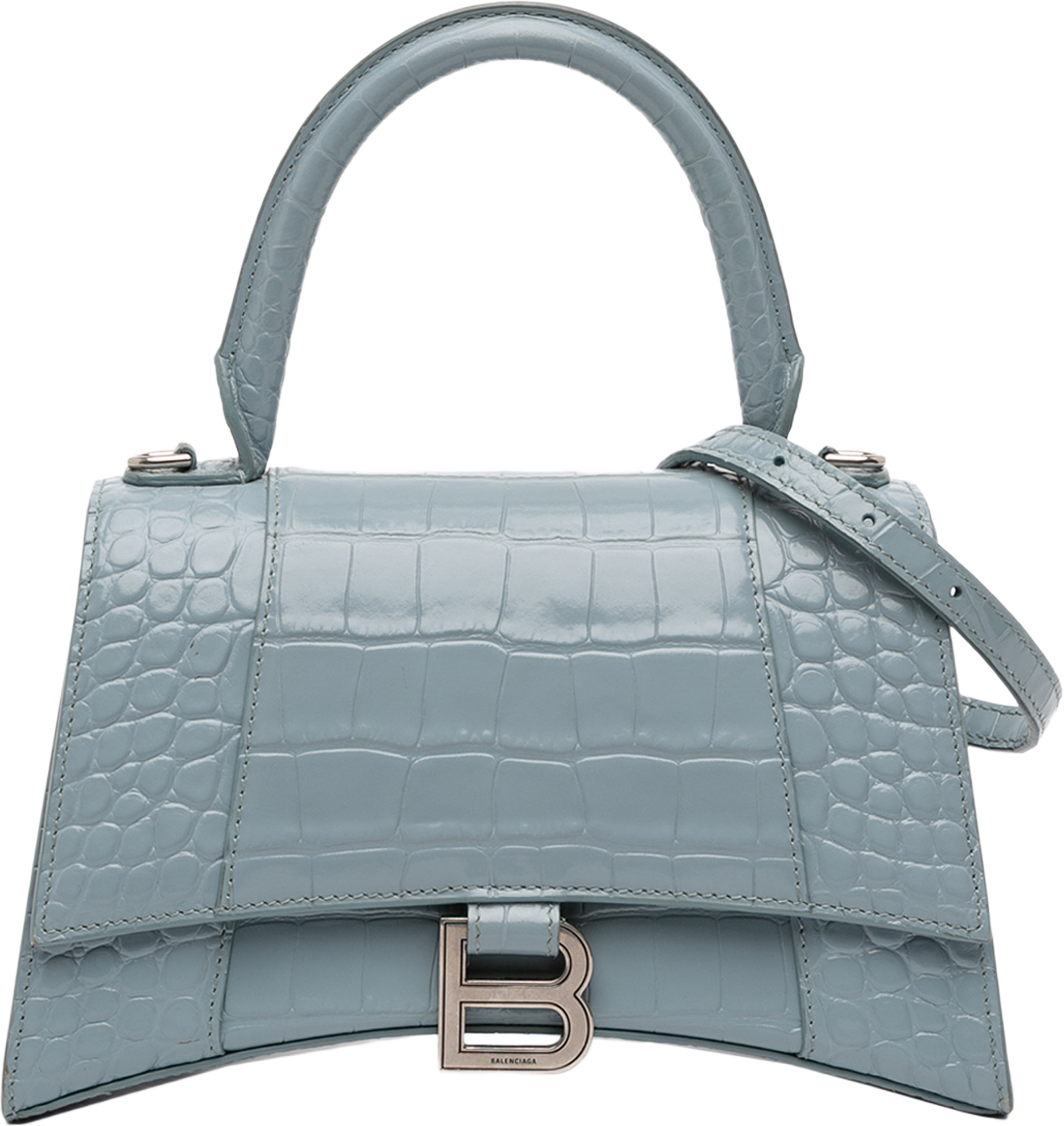 Balenciaga Small Croc Embossed Hourglass Top Handle Bag, från Luxclusif, i färgen denim. Klicka för att öppna bilden i stort format