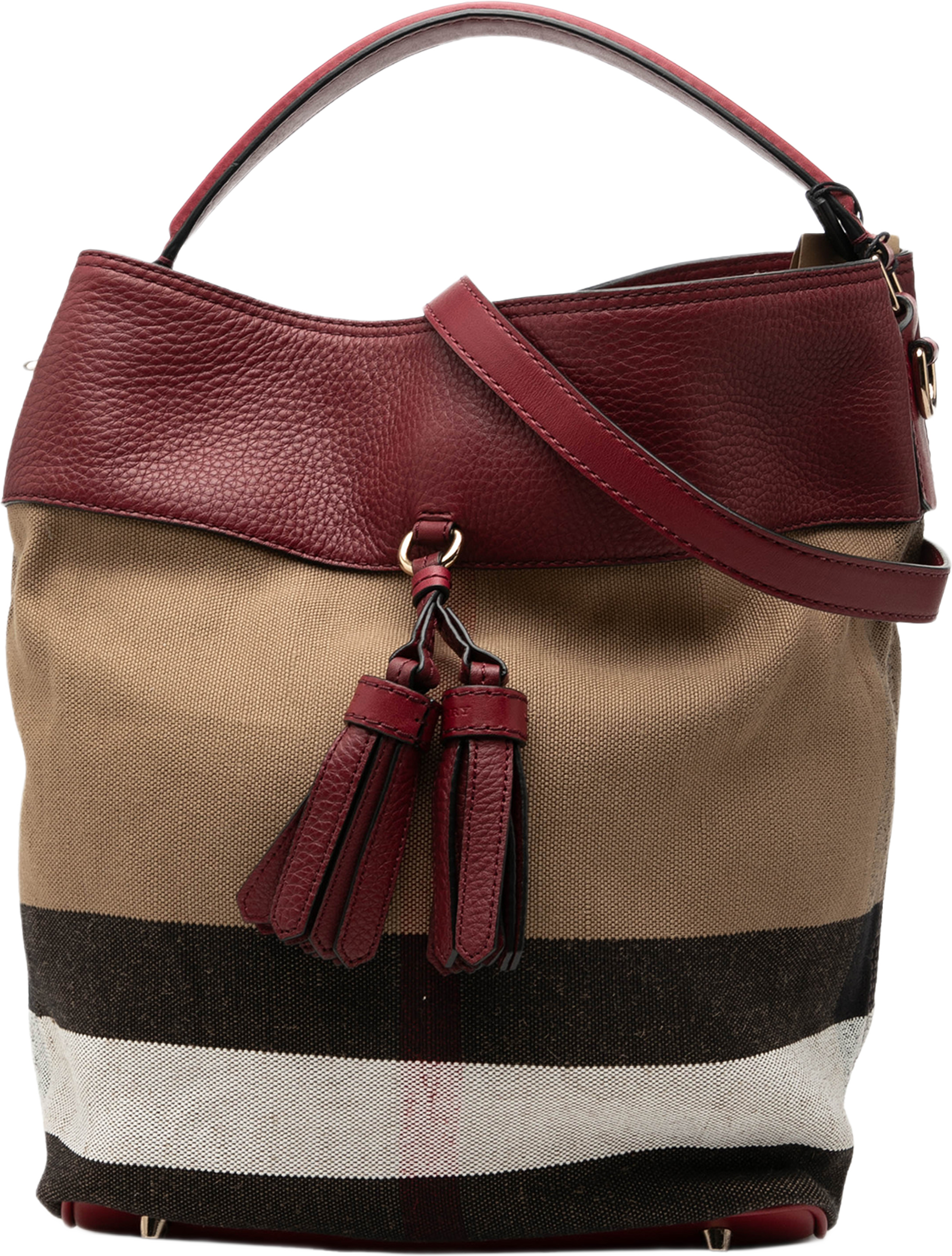 Burberry Medium Mega Check Canvas And Grained Calfskin Ashby Tassel Bucket Bag, från Luxclusif, i färgen brun. Klicka för att öppna bilden i stort format