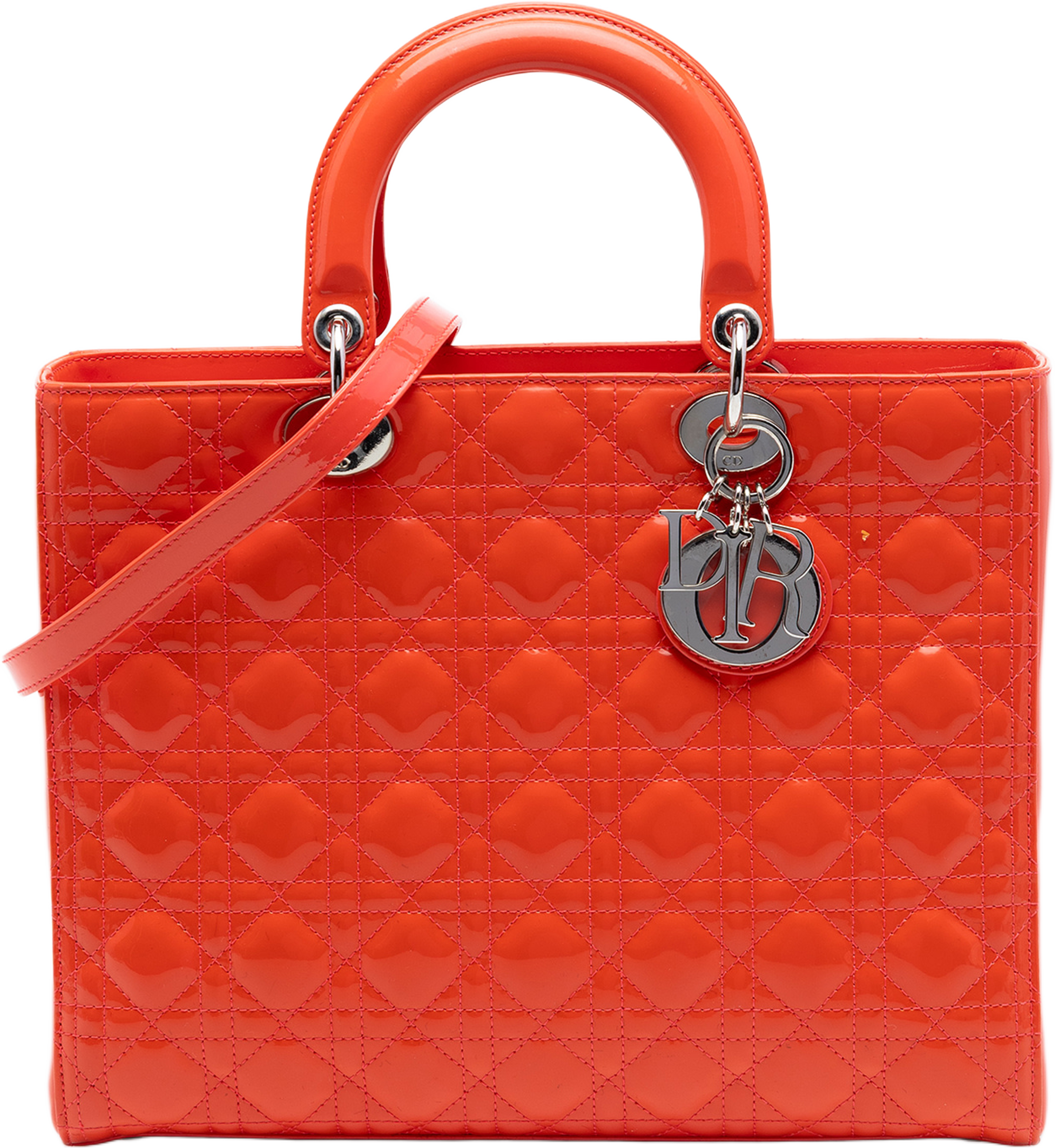Dior Large Patent Cannage Lady Dior, från Luxclusif, i färgen red orange. Klicka för att öppna bilden i stort format