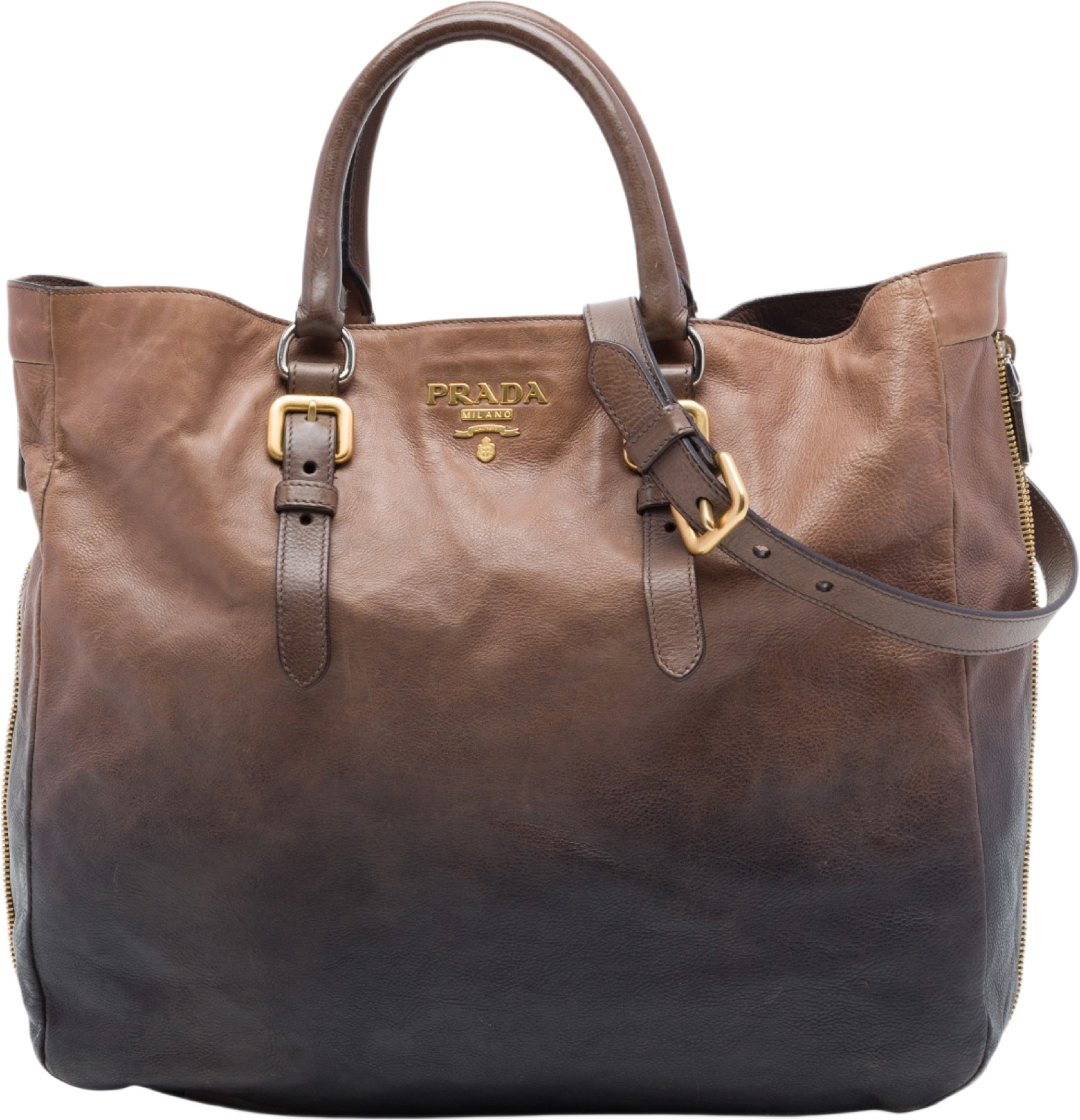 Prada Ombre Vitello Daino Side Zip Convertible Tote, från Luxclusif, i färgen brun. Klicka för att öppna bilden i stort format