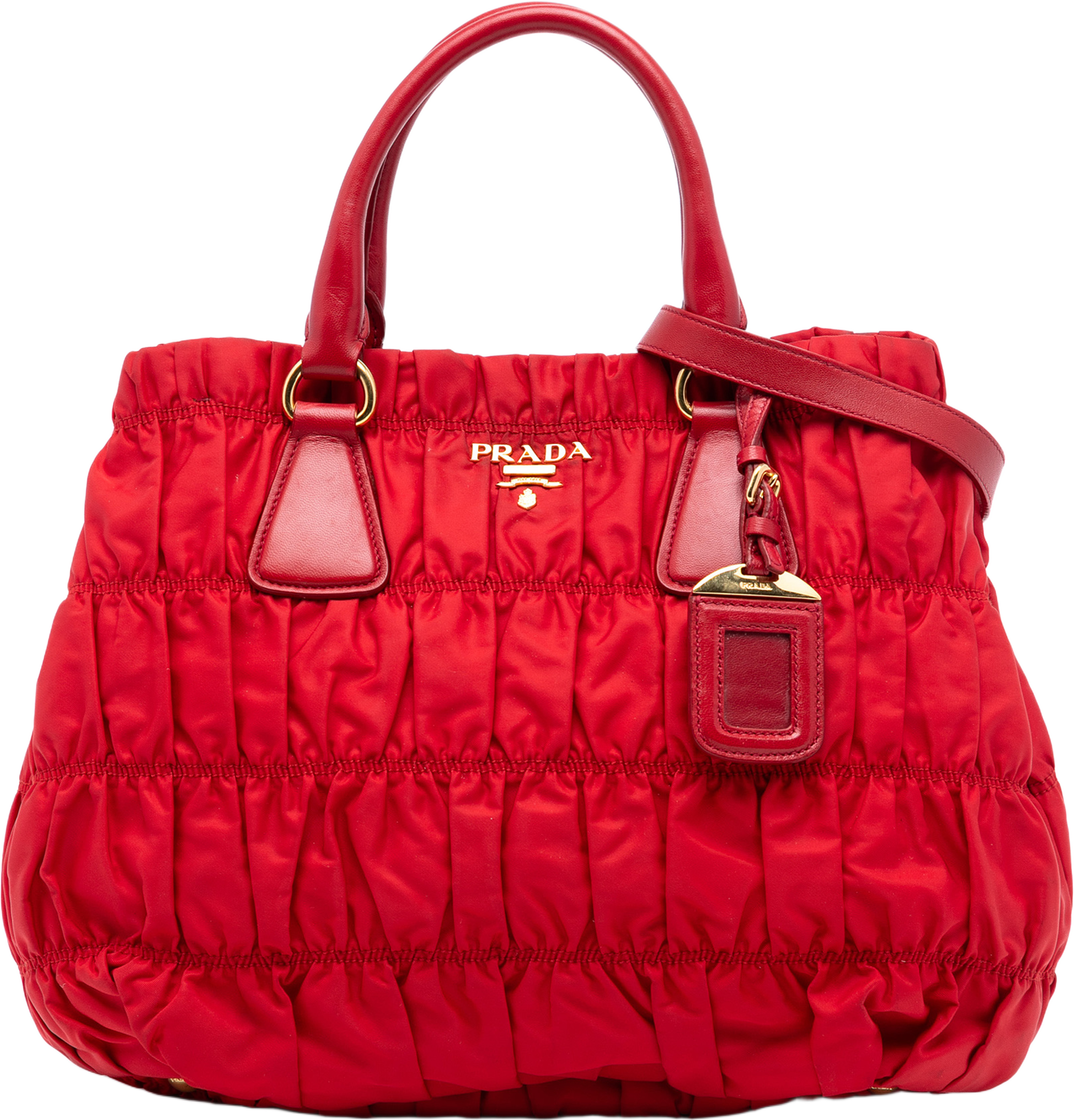 Prada Tessuto Gaufre Satchel, från Luxclusif, i färgen red. Klicka för att öppna bilden i stort format