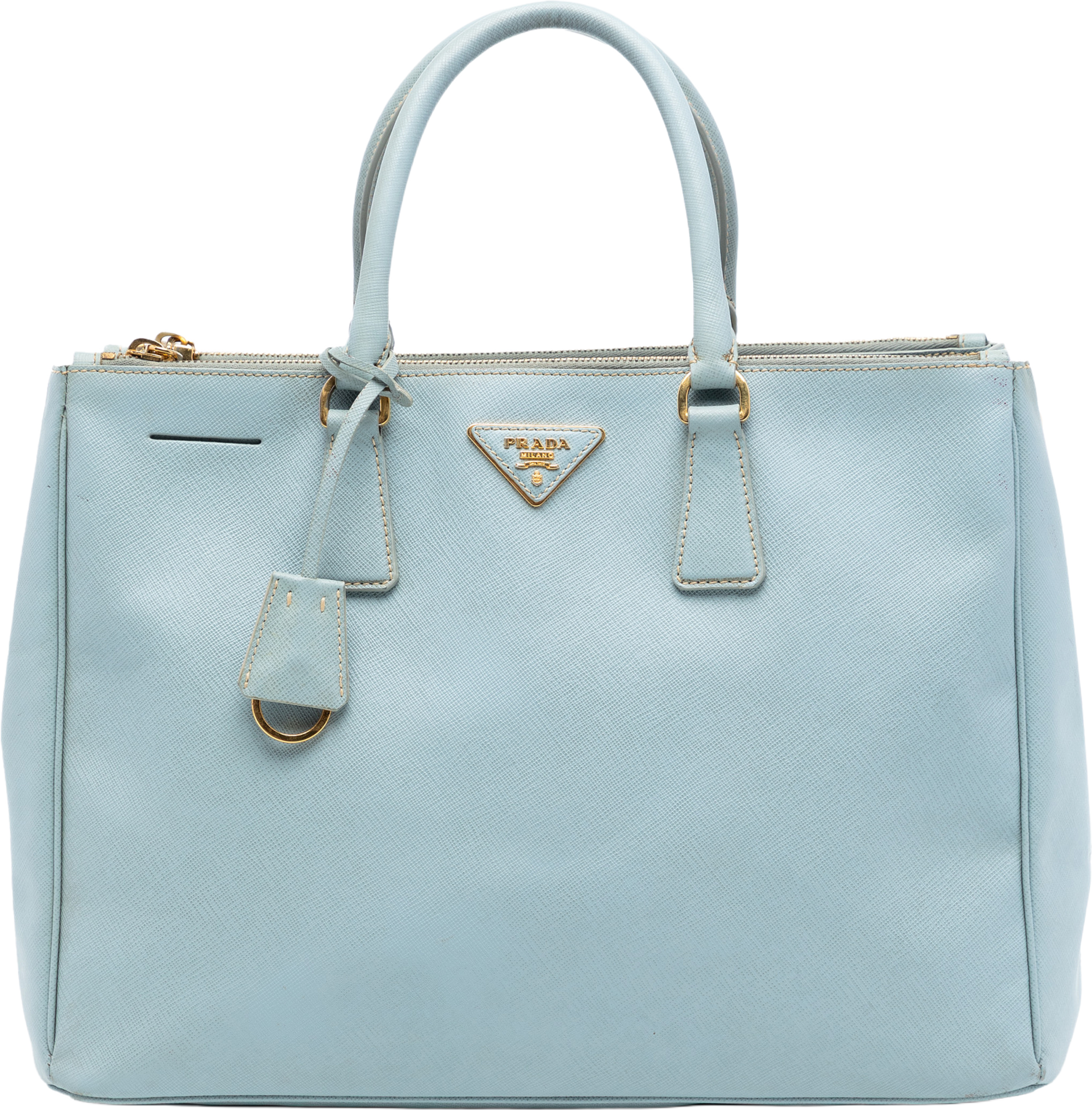 Prada Large Saffiano Lux Galleria Double Zip Satchel, från Luxclusif, i färgen light blue. Klicka för att öppna bilden i stort format