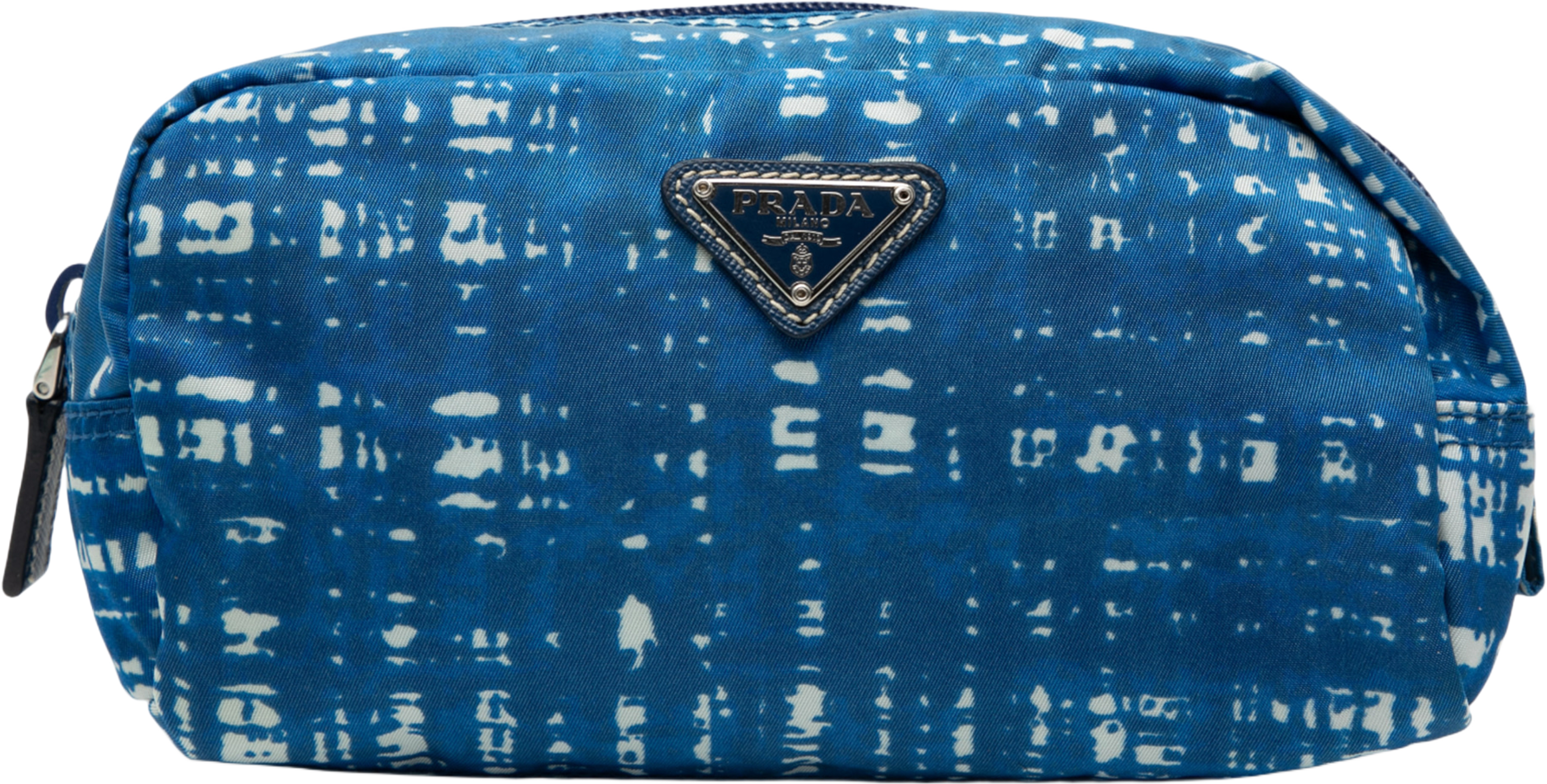 Prada Tessuto Stampato Cosmetic Pouch, från Luxclusif, i färgen blue. Klicka för att öppna bilden i stort format