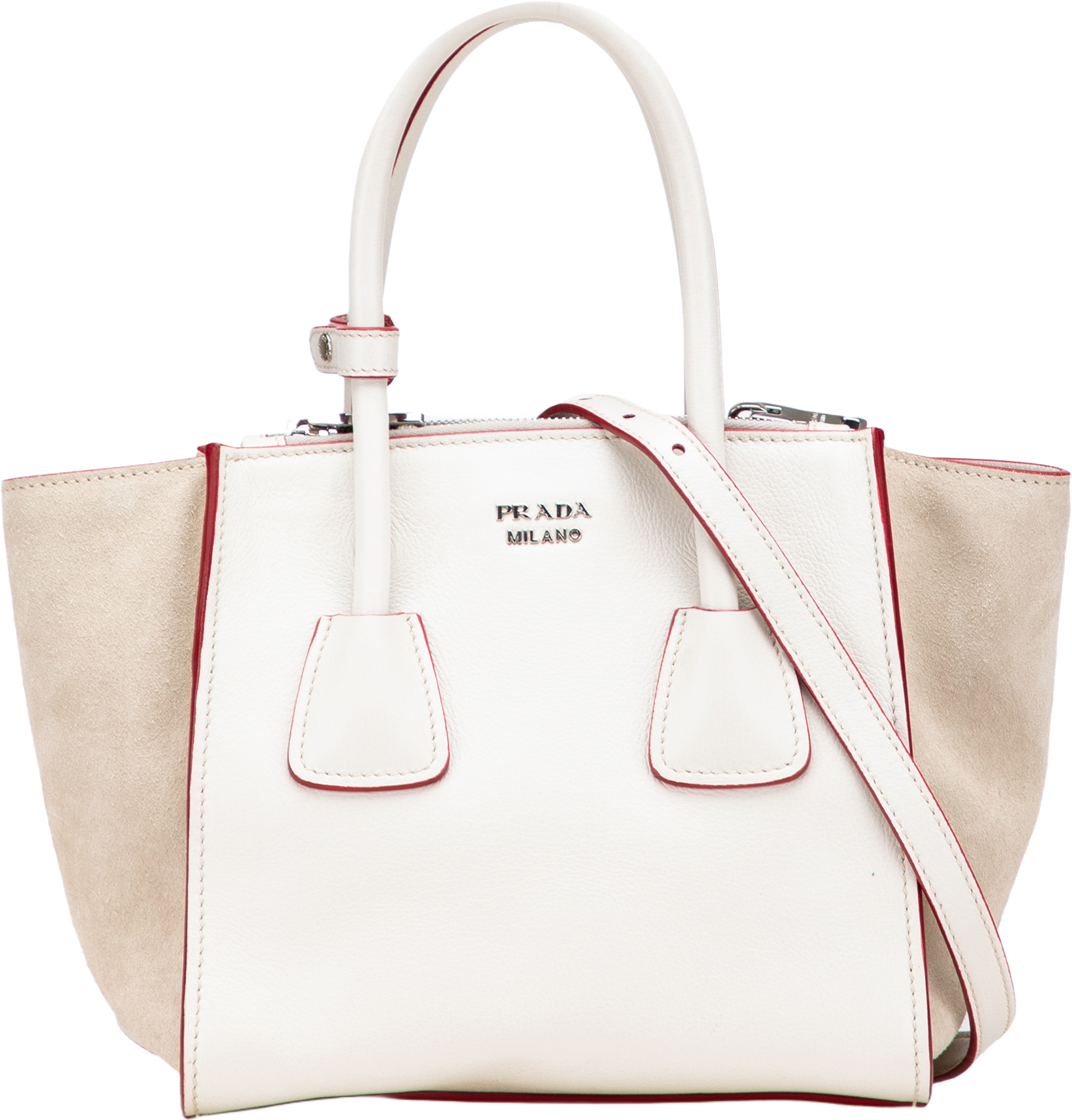 Prada Mini Scamosciato Trimmed Glace Calf Twin Pocket Satchel, från Luxclusif, i färgen ivory. Klicka för att öppna bilden i stort format