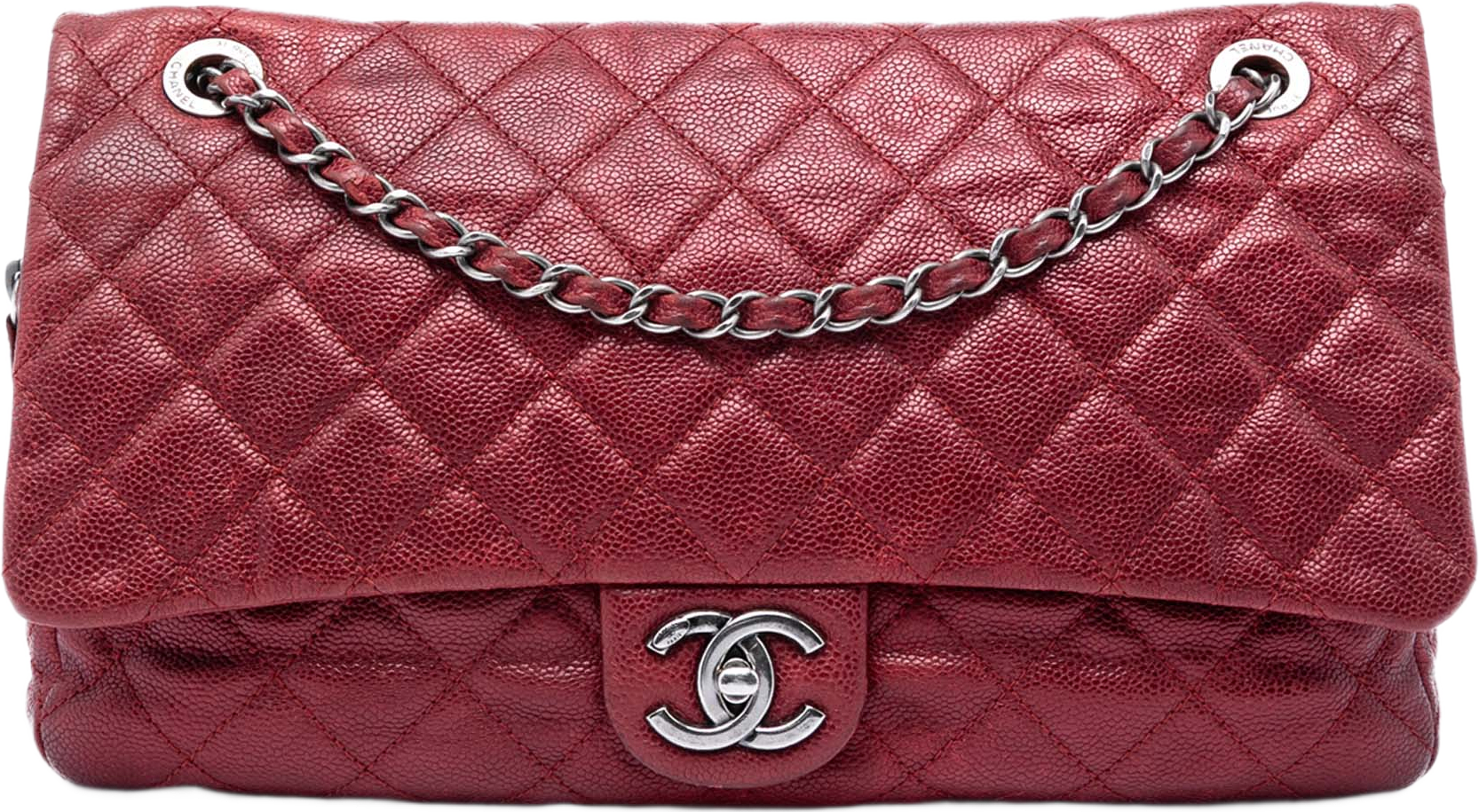 Chanel Jumbo Quilted Iridescent Caviar Easy Flap, från Luxclusif, i färgen red. Klicka för att öppna bilden i stort format