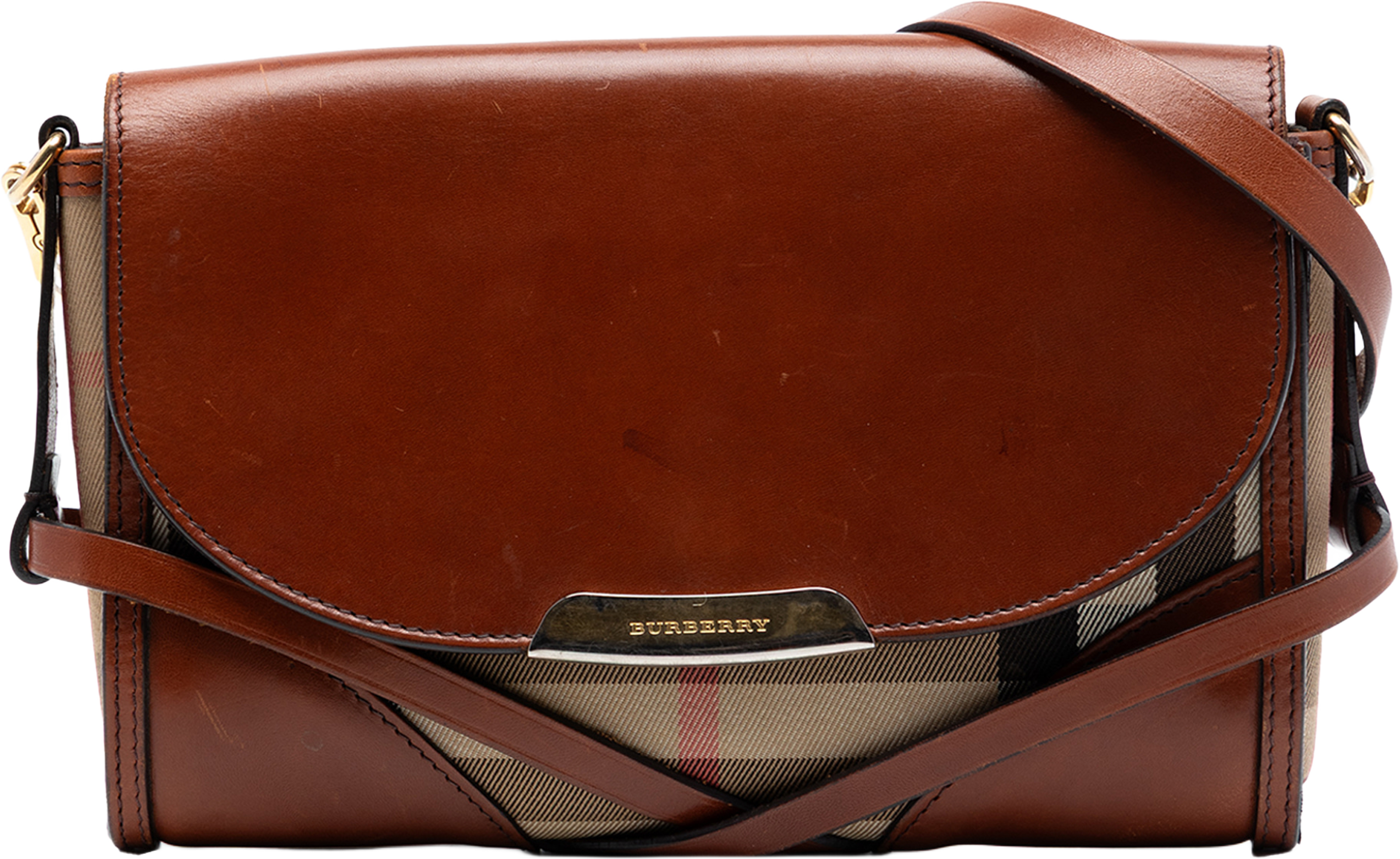 Burberry Leather And House Check Canvas Bridle Abbott Crossbody, från Luxclusif, i färgen brown. Klicka för att öppna bilden i stort format