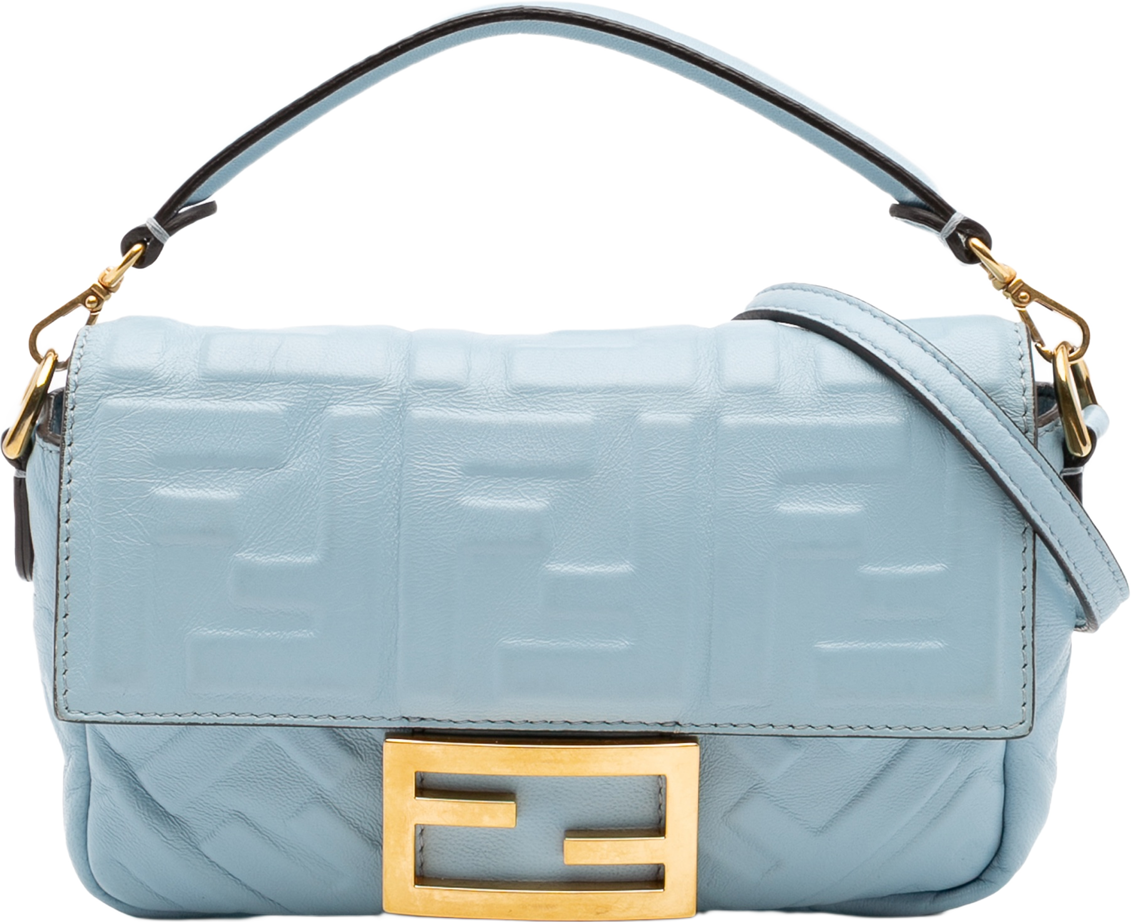 Fendi Mini Zucca Embossed Leather Baguette Satchel, från Luxclusif, i färgen light blue. Klicka för att öppna bilden i stort format