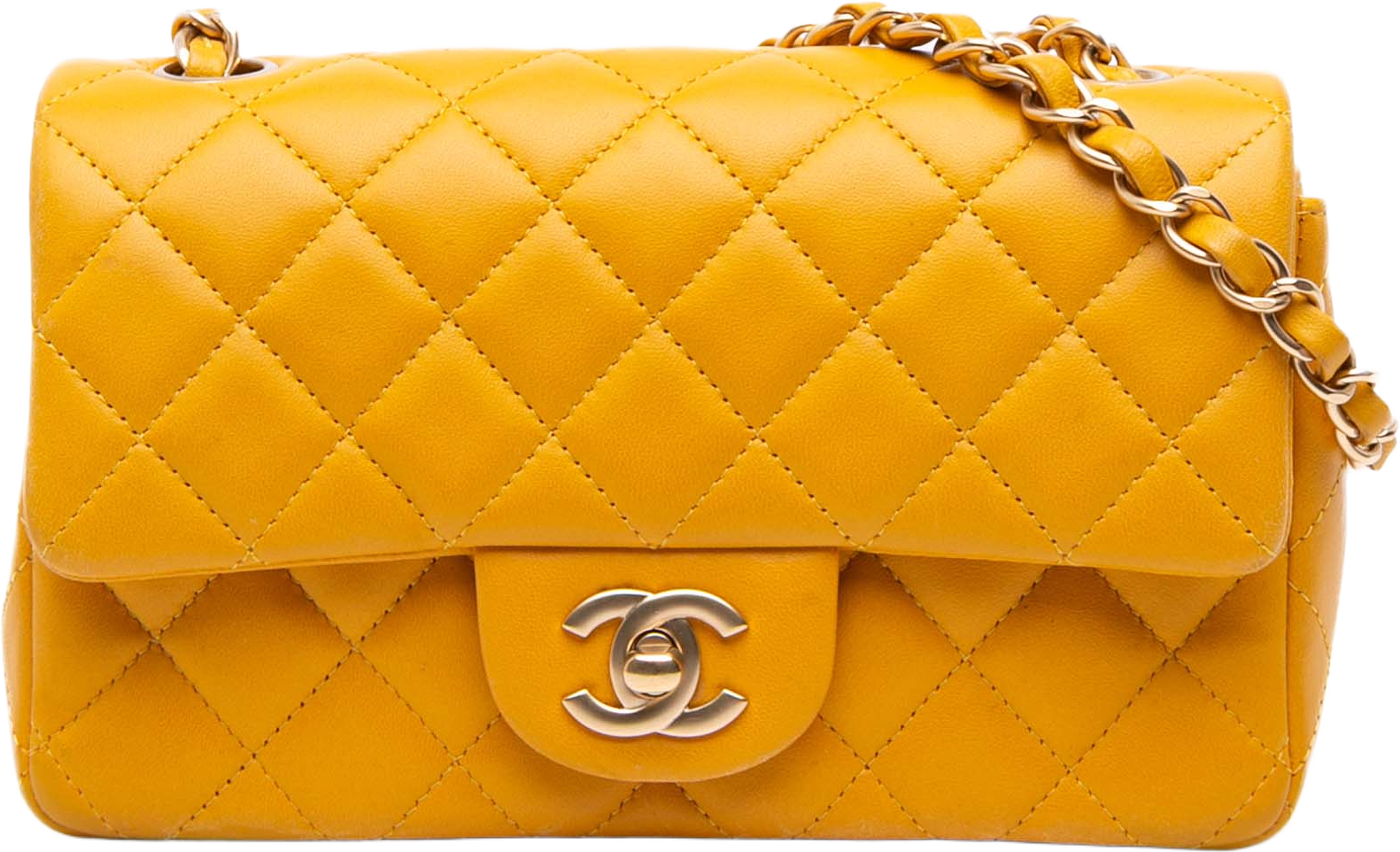 Chanel Mini Rectangular Classic Lambskin Single Flap, från Luxclusif, i färgen mustard. Klicka för att öppna bilden i stort format