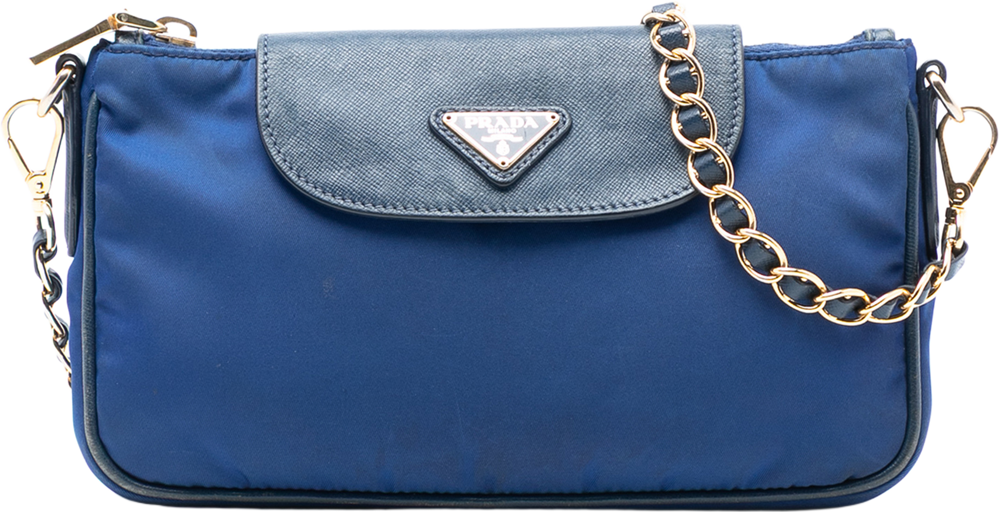 Prada Saffiano Trimmed Tessuto Chain Crossbody, från Luxclusif, i färgen blue. Klicka för att öppna bilden i stort format