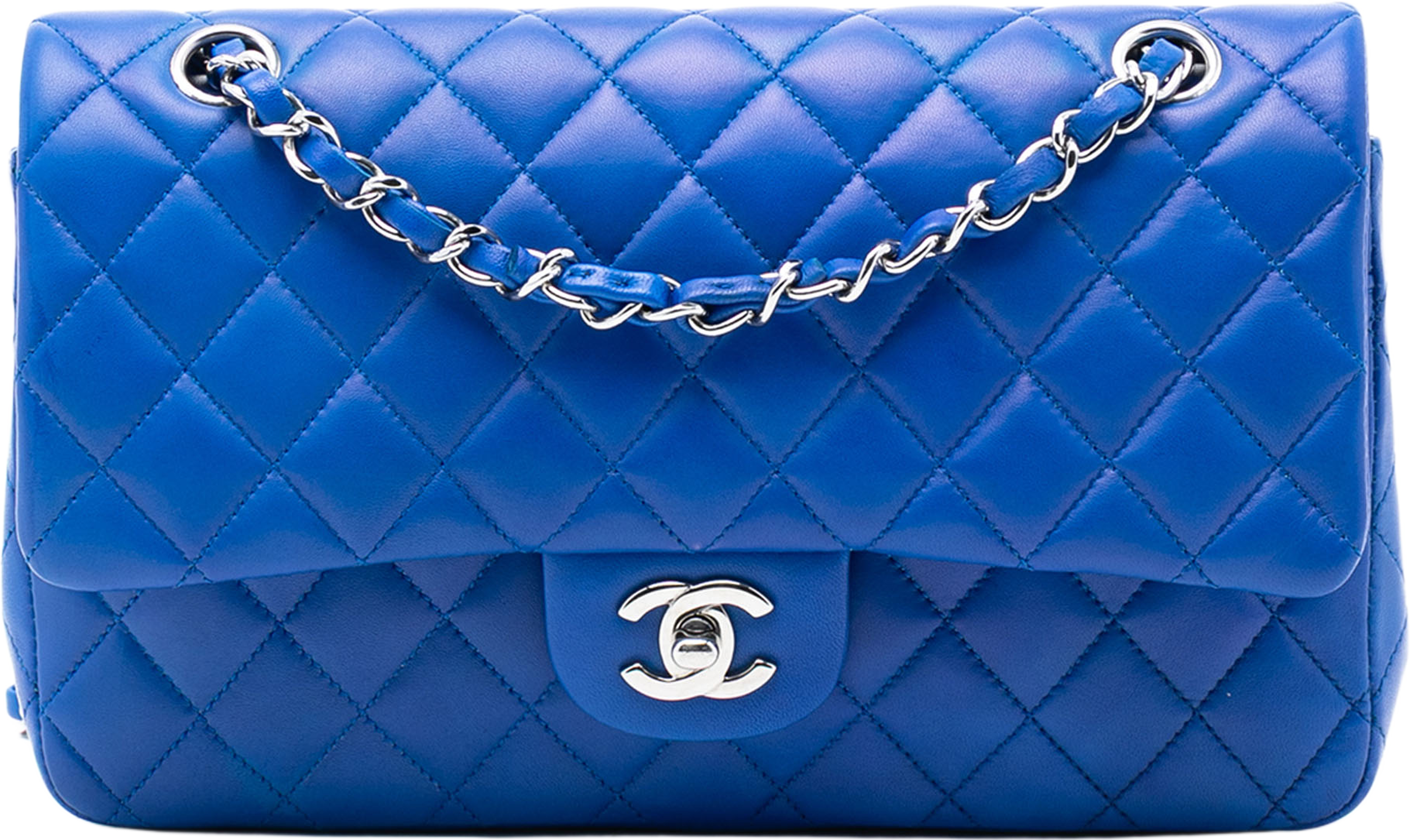 Chanel Medium Classic Lambskin Double Flap, från Luxclusif, i färgen blue. Klicka för att öppna bilden i stort format