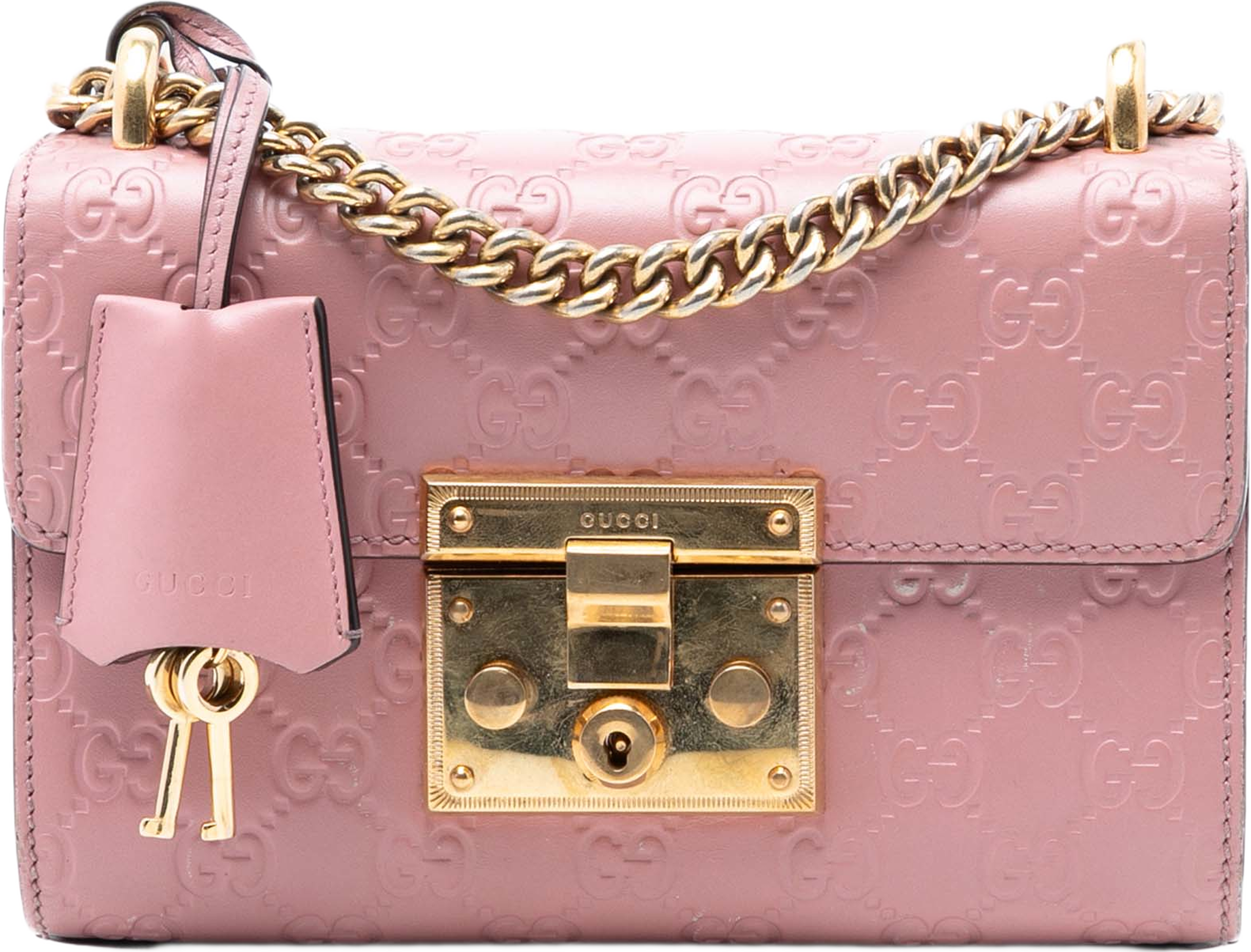 Gucci Small Guccissima Padlock Crossbody, från Luxclusif, i färgen light pink. Klicka för att öppna bilden i stort format