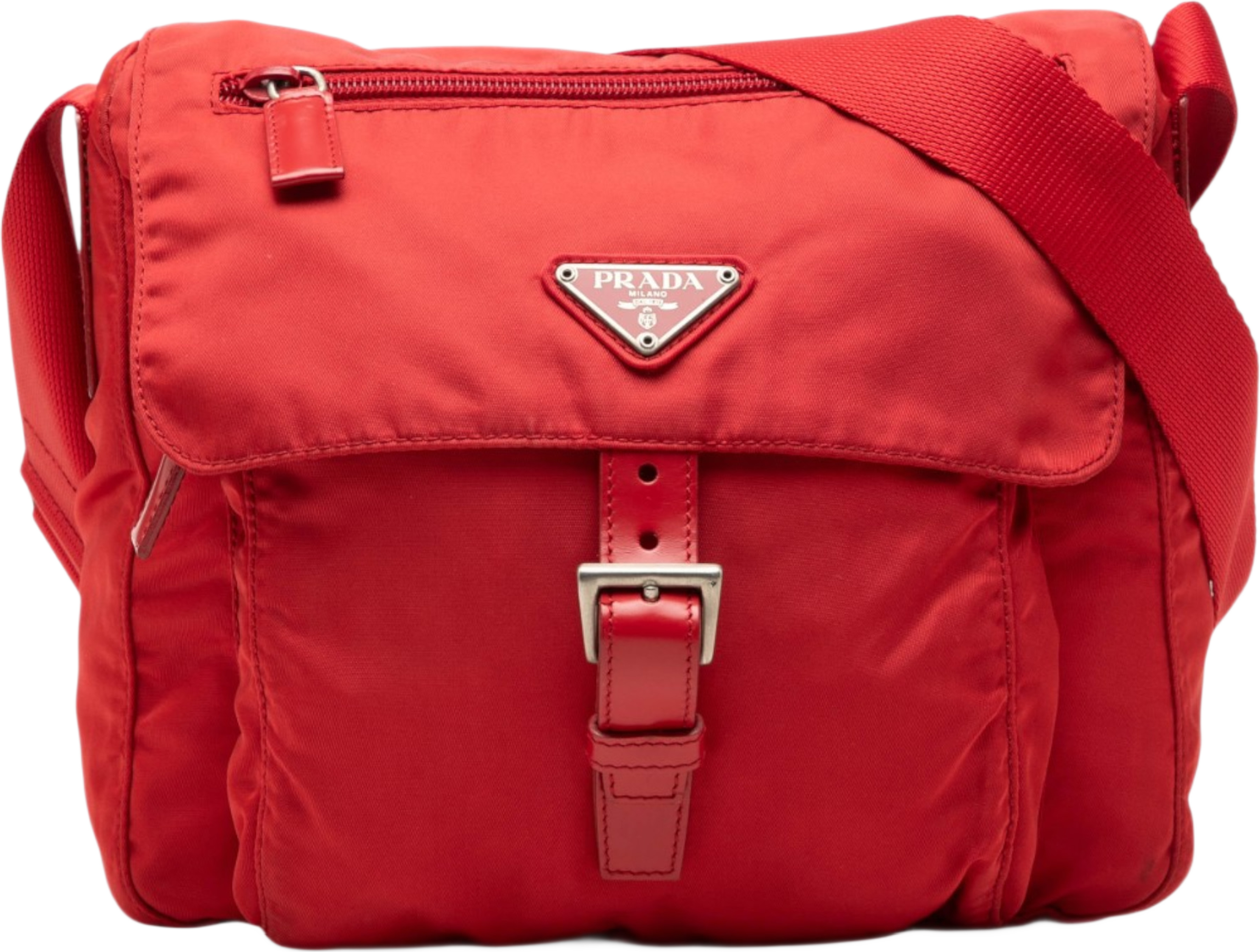 Prada Tessuto Zip Buckle Messenger Bag, från Luxclusif, i färgen röd. Klicka för att öppna bilden i stort format