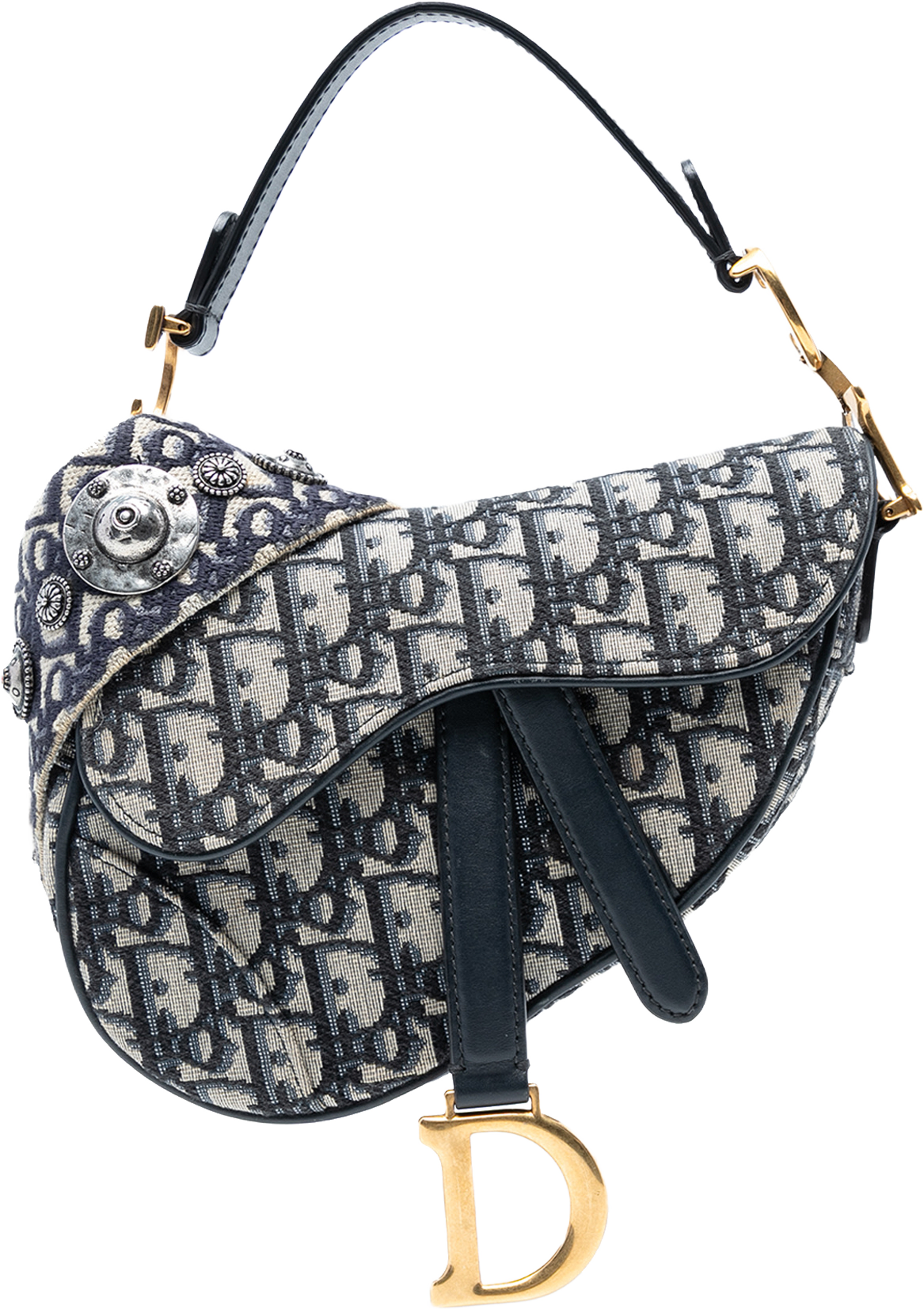 Dior Mini Oblique Canvas Saddle Bag, från Luxclusif, i färgen navy. Klicka för att öppna bilden i stort format