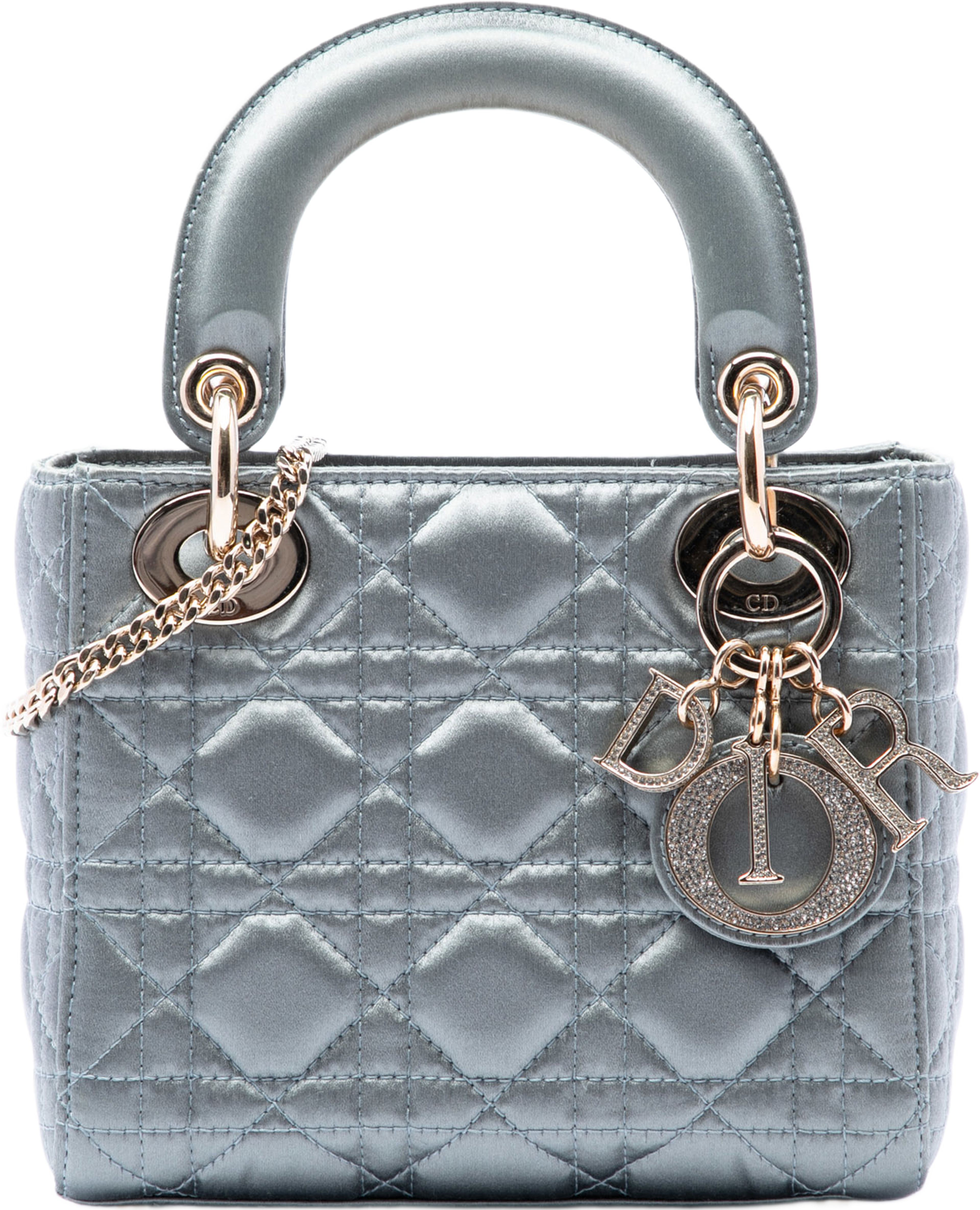 Dior Mini Satin Cannage Swarovski Crystal Lady Dior, från Luxclusif, i färgen grå. Klicka för att öppna bilden i stort format