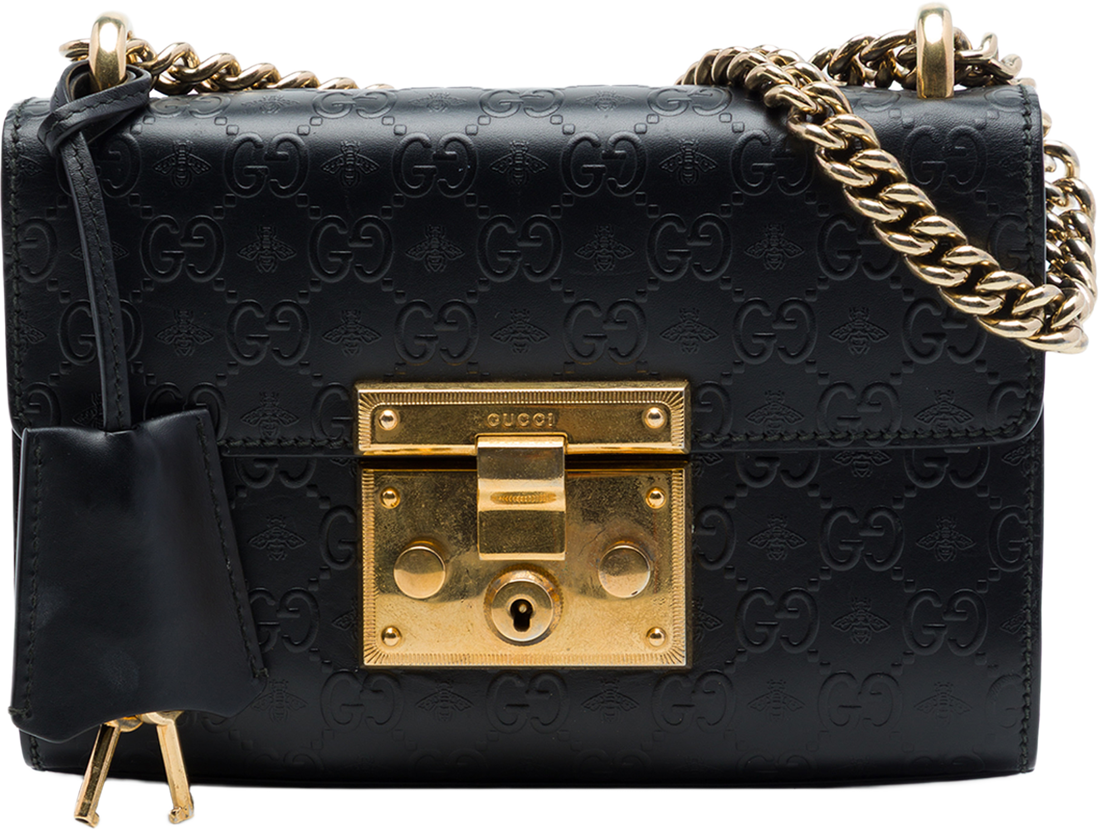 Gucci Small Guccissima Bee Padlock Crossbody, från Luxclusif, i färgen svart. Klicka för att öppna bilden i stort format