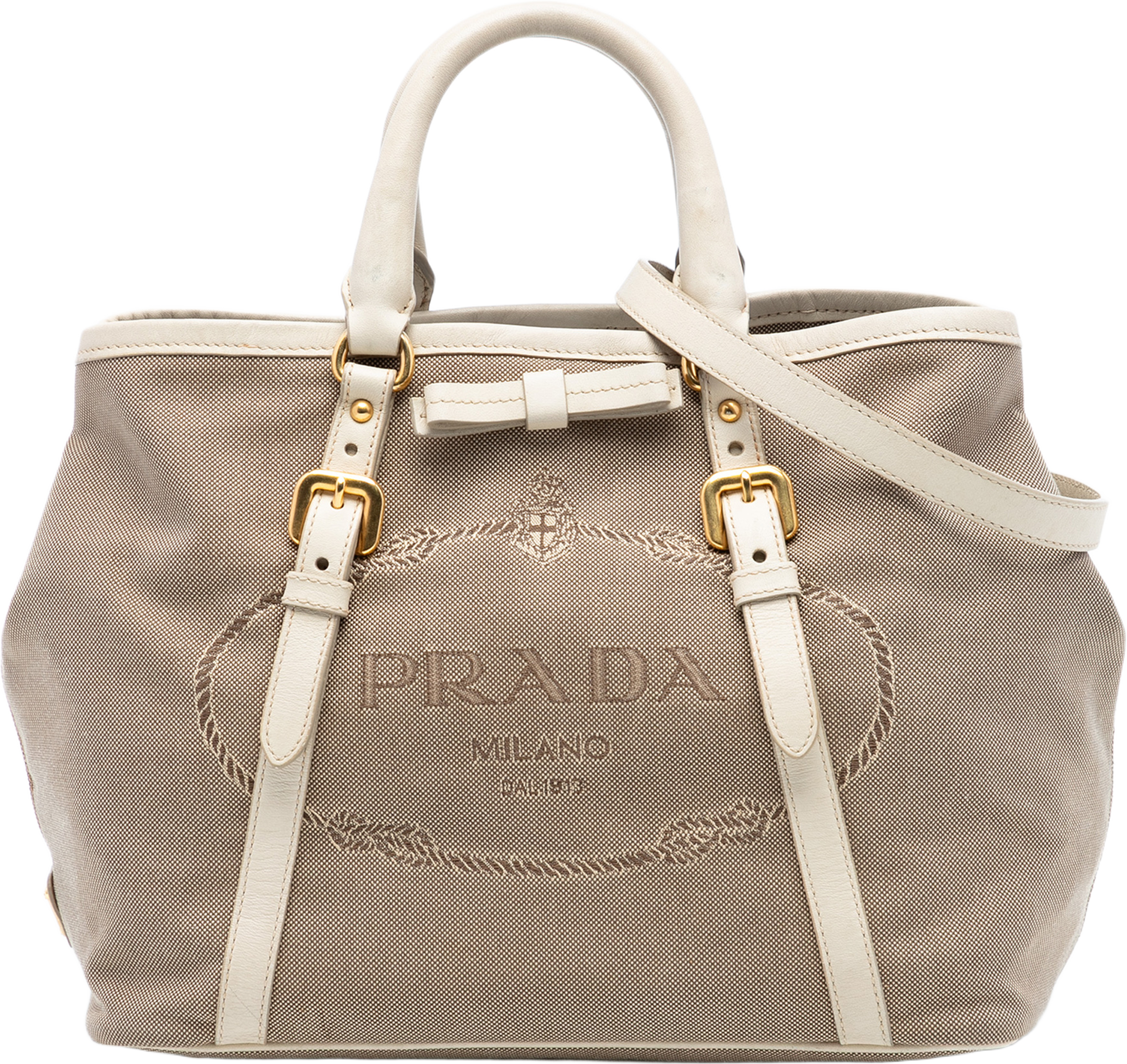 Prada Canvas Canapa Logo Bow Satchel, från Luxclusif, i färgen beige. Klicka för att öppna bilden i stort format