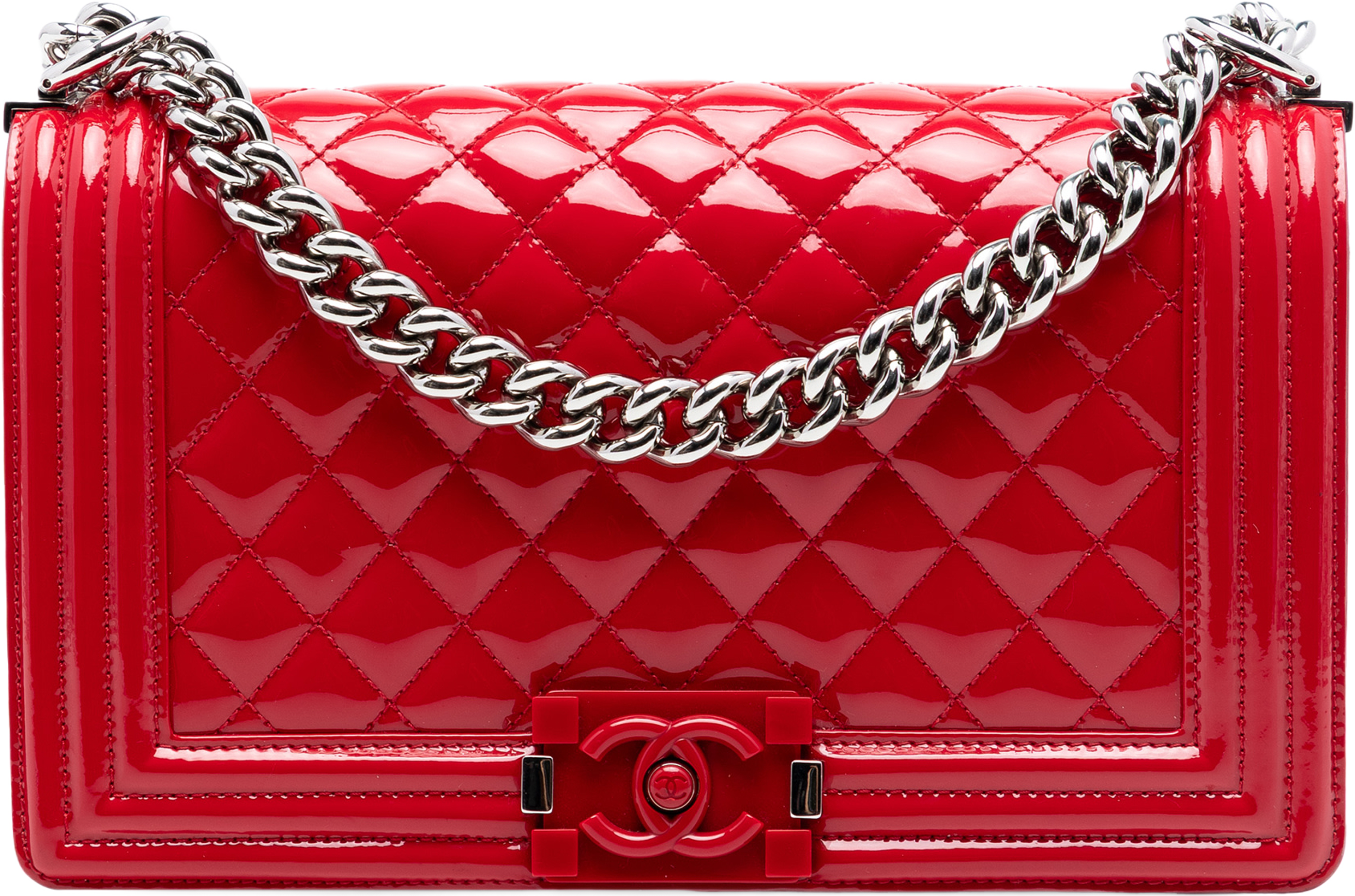 Chanel Old Medium Quilted Patent Acrylic Boy Flap, från Luxclusif, i färgen red. Klicka för att öppna bilden i stort format