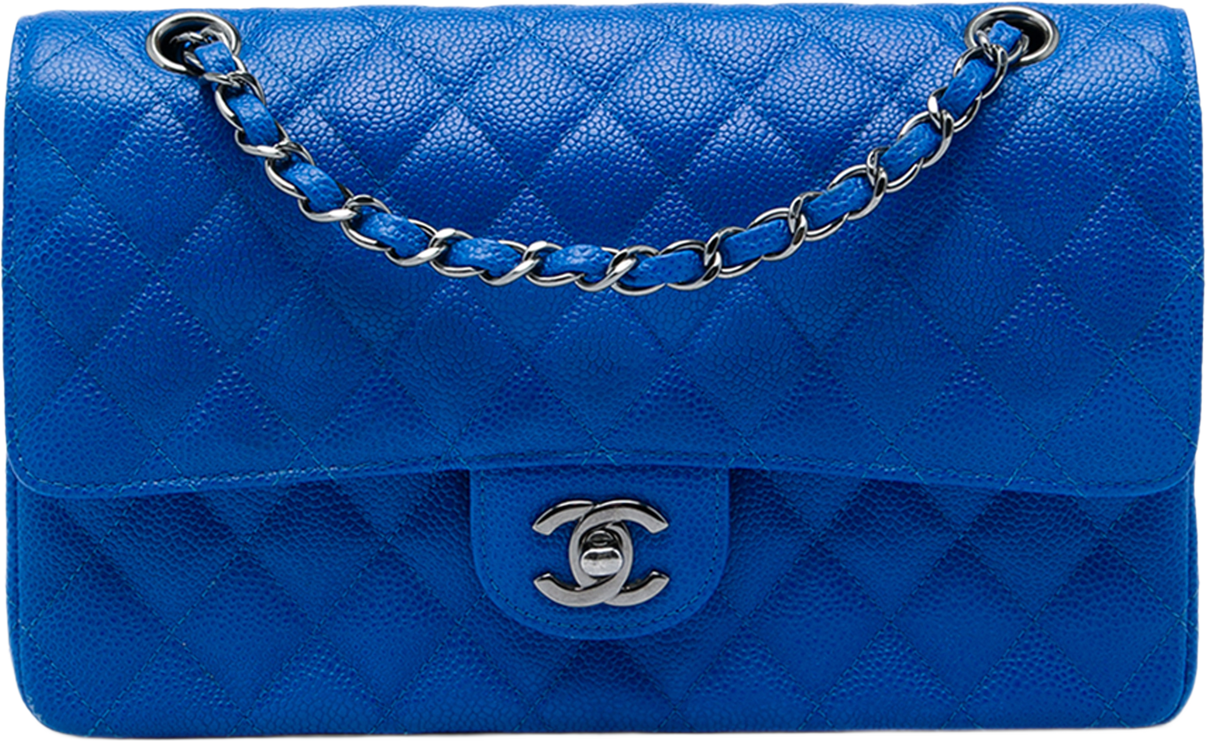 Chanel Medium Classic Caviar Double Flap, från Luxclusif, i färgen blå. Klicka för att öppna bilden i stort format