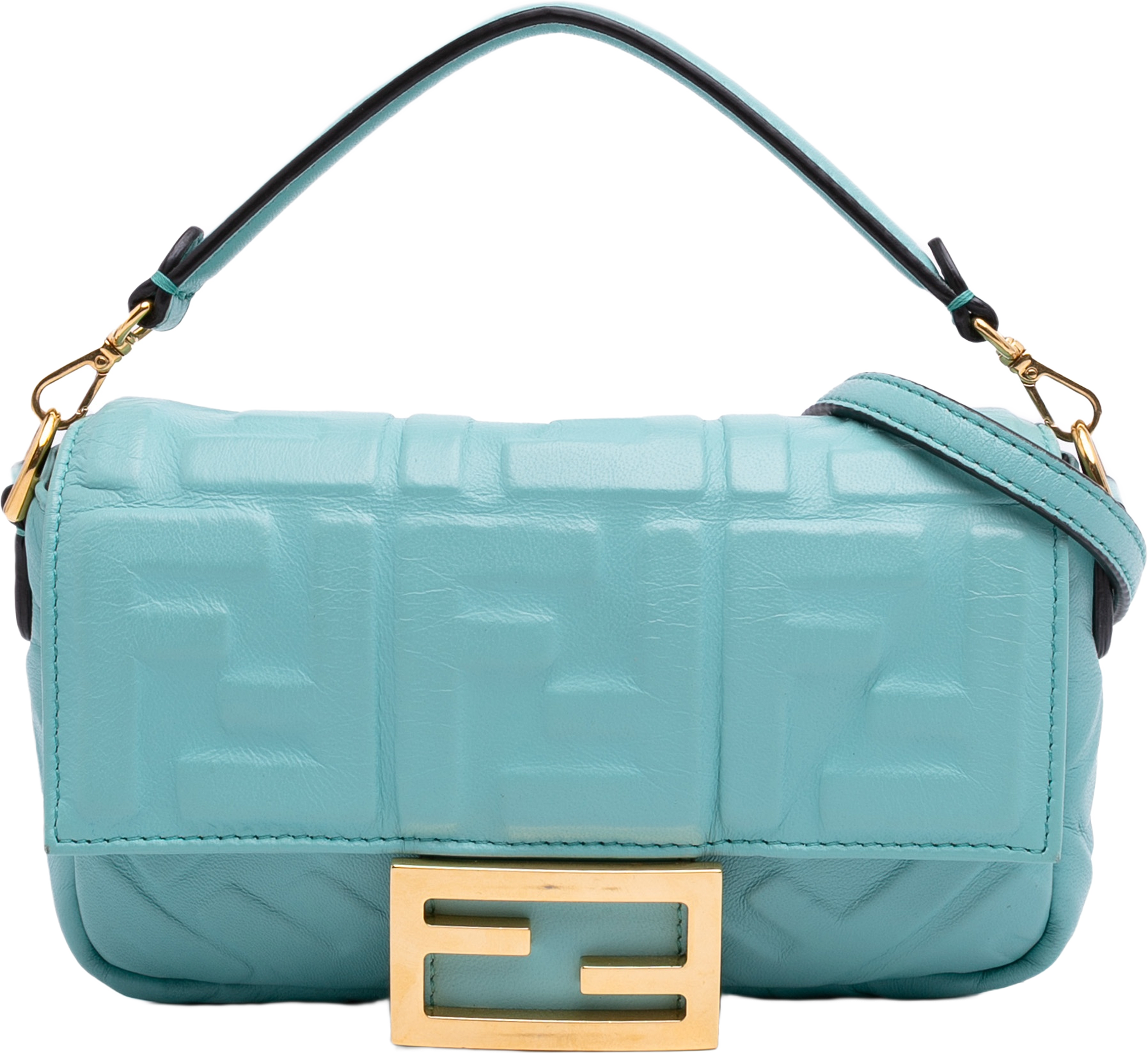 Fendi Mini Zucca Embossed Leather Baguette Satchel, från Luxclusif, i färgen light blue. Klicka för att öppna bilden i stort format
