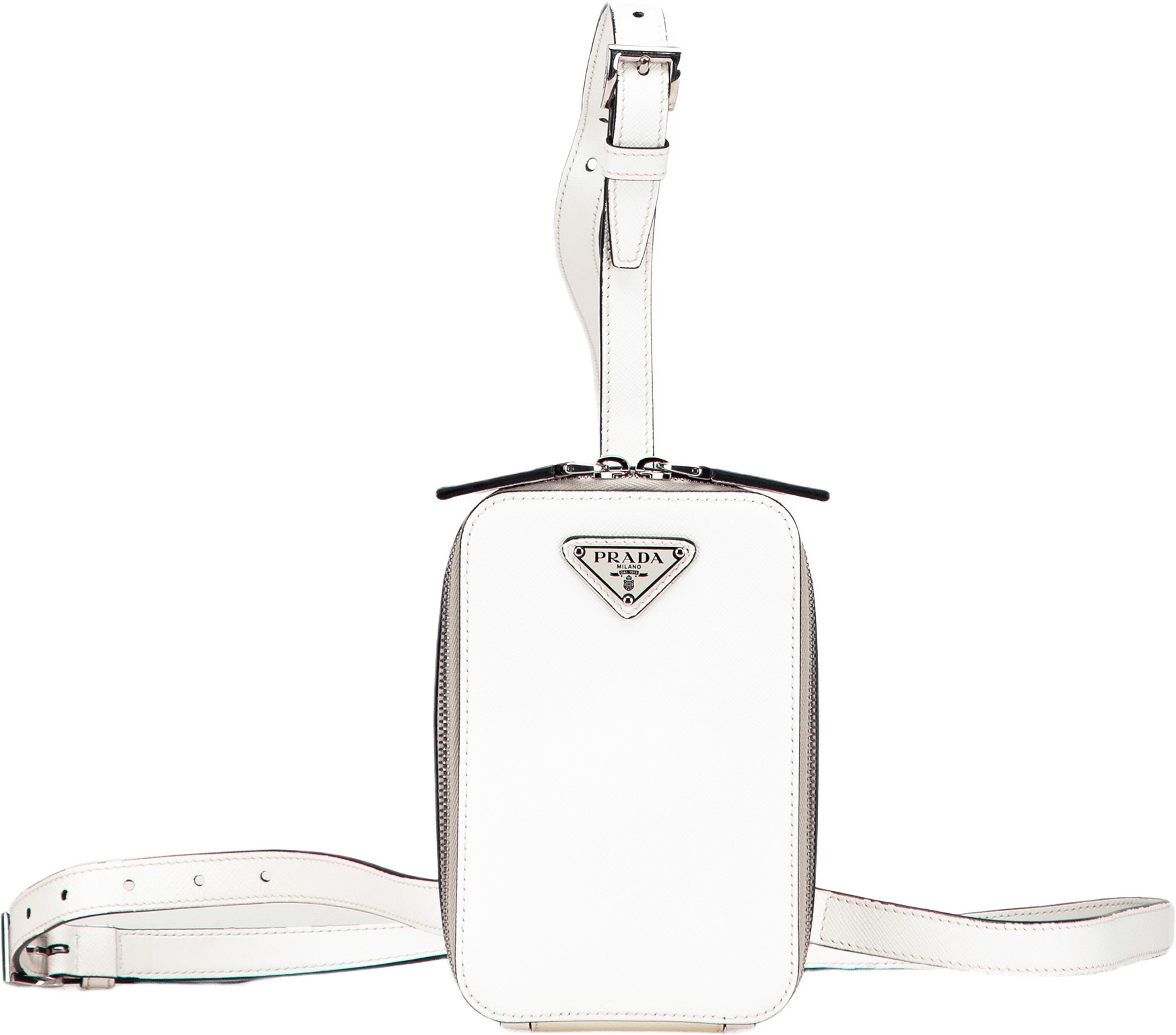 Prada Saffiano Harness Crossbody Pouch, från Luxclusif, i färgen white. Klicka för att öppna bilden i stort format