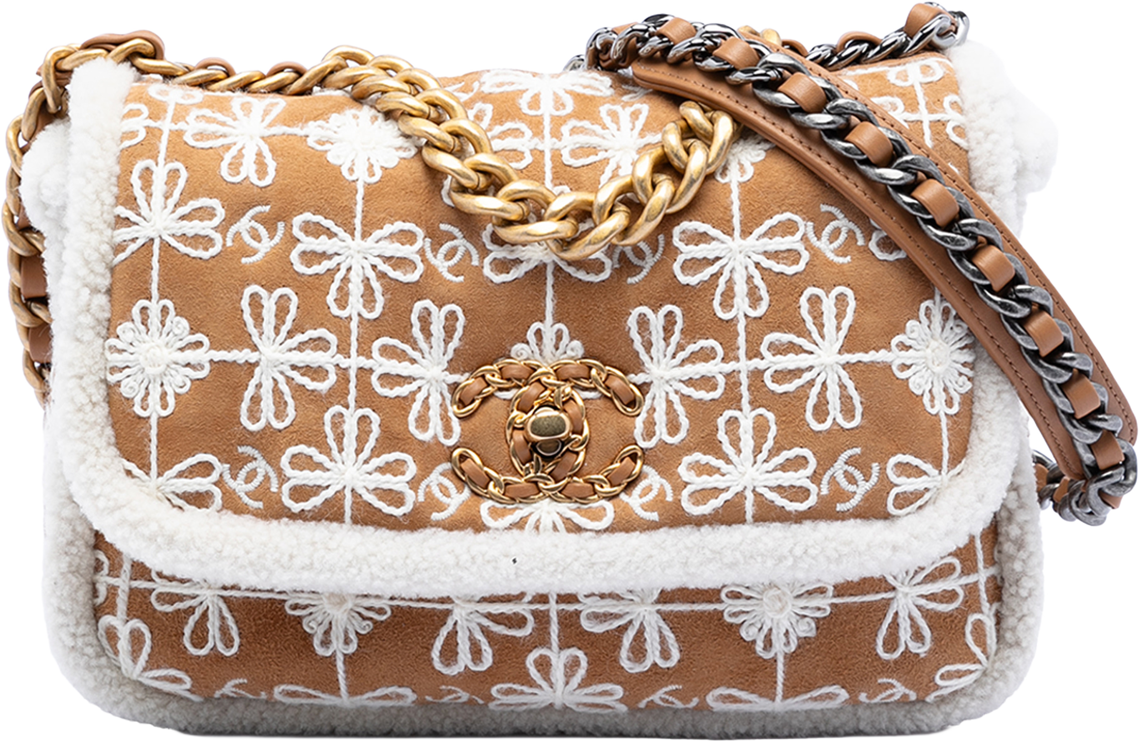 Chanel Medium Embroidered Suede 19 Flap With Shearling Trim, från Luxclusif, i färgen brown. Klicka för att öppna bilden i stort format