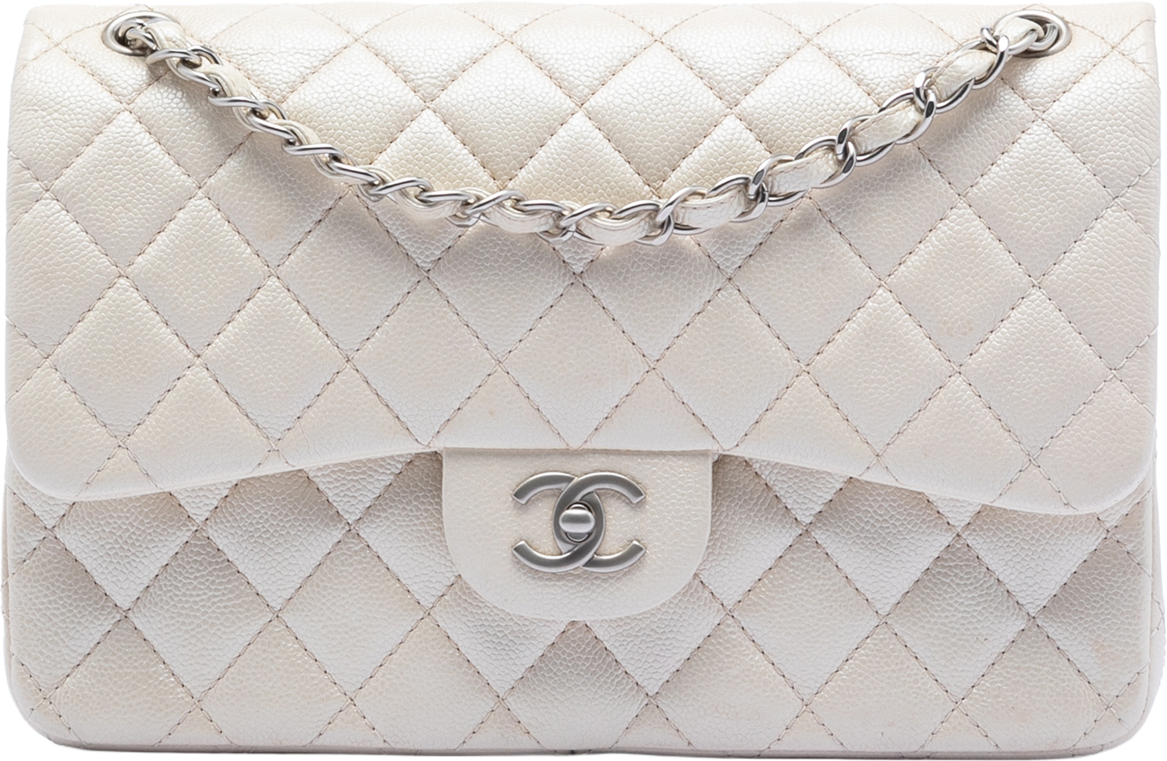 Chanel Jumbo Classic Iridescent Caviar Double Flap, från Luxclusif, i färgen ivory. Klicka för att öppna bilden i stort format