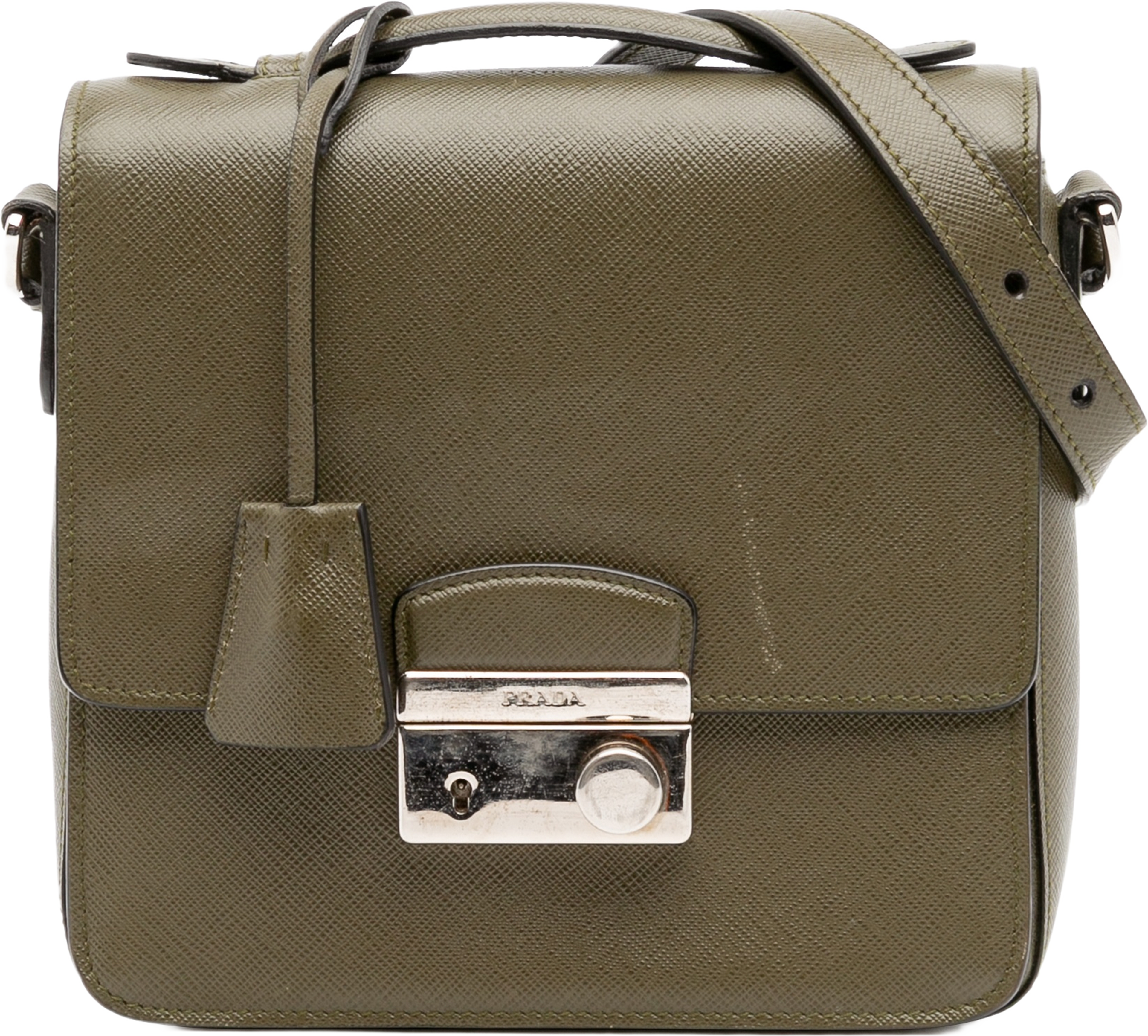 Prada Small Saffiano Lux Sound Satchel, från Luxclusif, i färgen dark khaki. Klicka för att öppna bilden i stort format