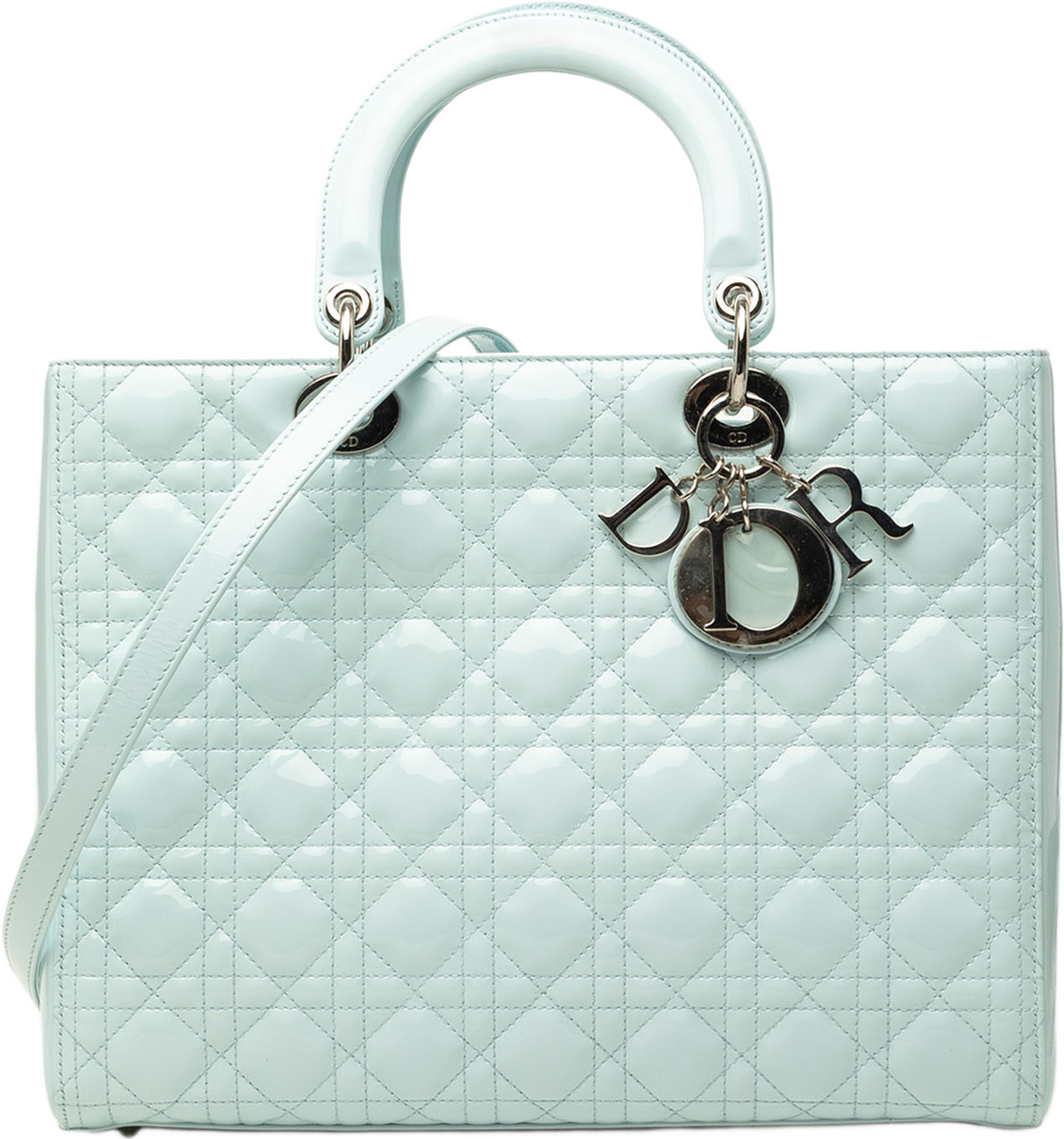 Dior Large Patent Cannage Lady Dior, från Luxclusif, i färgen blå. Klicka för att öppna bilden i stort format