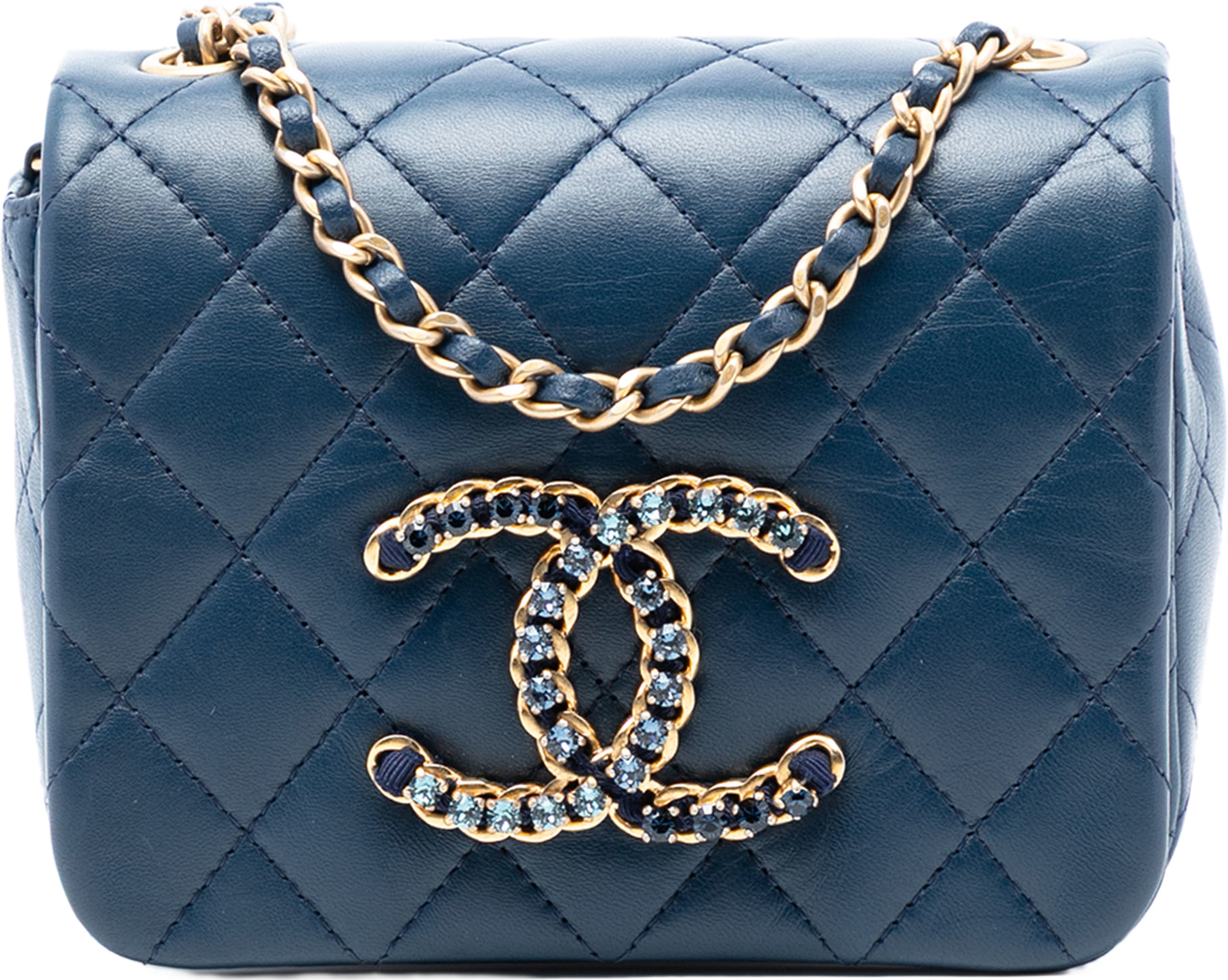 Chanel Mini Quilted Lambskin Cc Crystal Full Flap, från Luxclusif, i färgen blue. Klicka för att öppna bilden i stort format