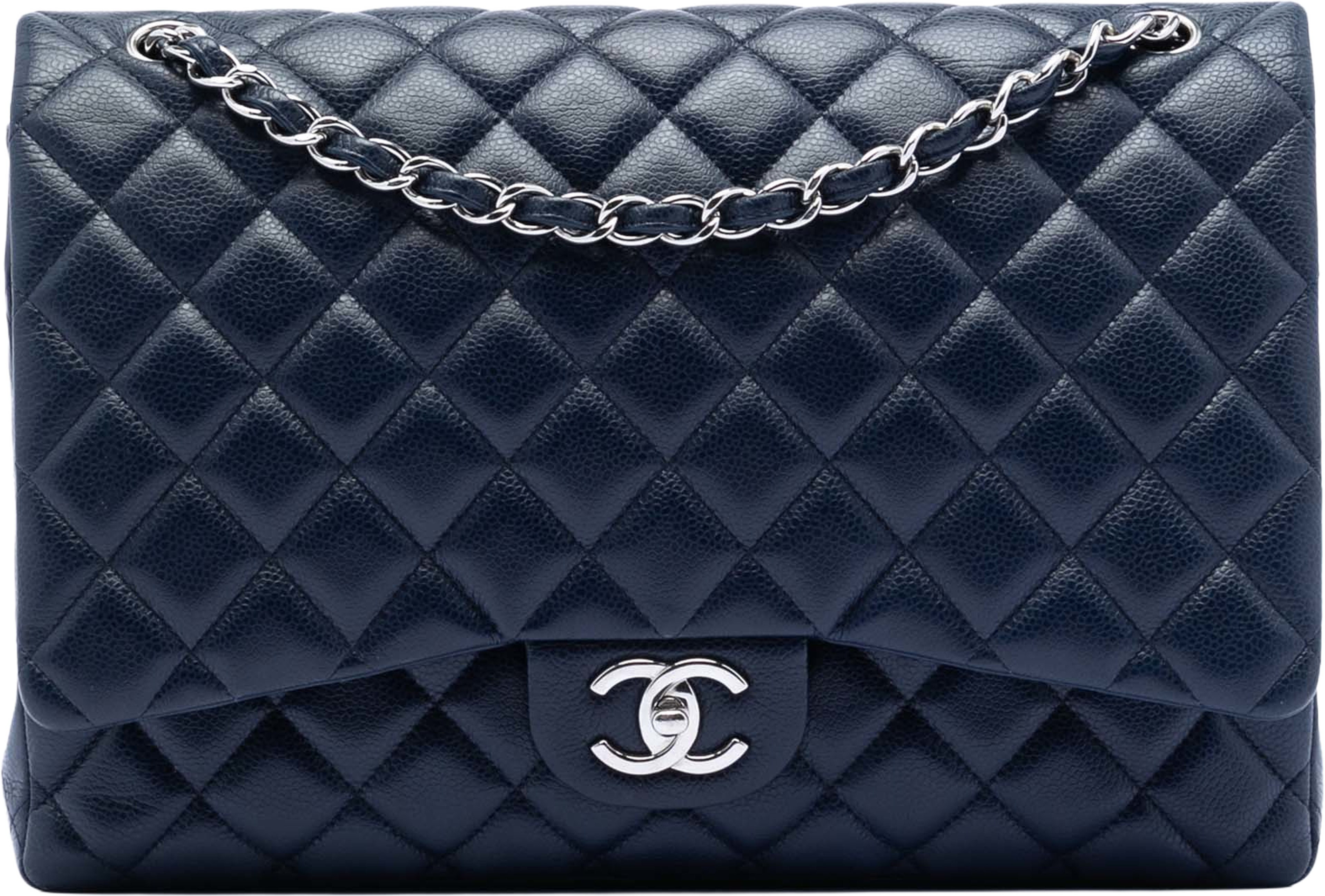 Chanel Maxi Classic Caviar Double Flap, från Luxclusif, i färgen navy. Klicka för att öppna bilden i stort format