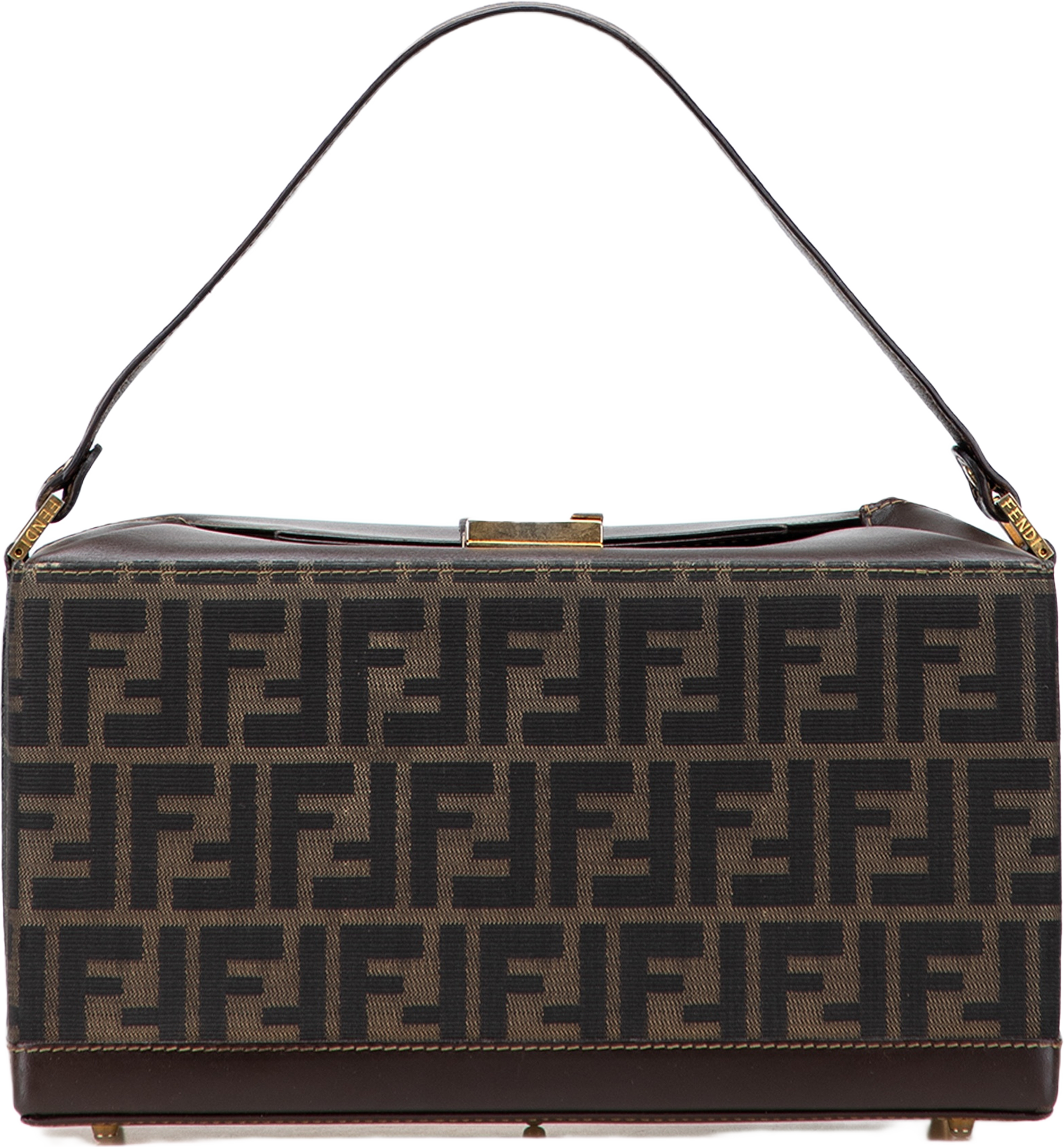 Fendi Zucca Canvas Push Lock Box Handbag, från Luxclusif, i färgen brown. Klicka för att öppna bilden i stort format