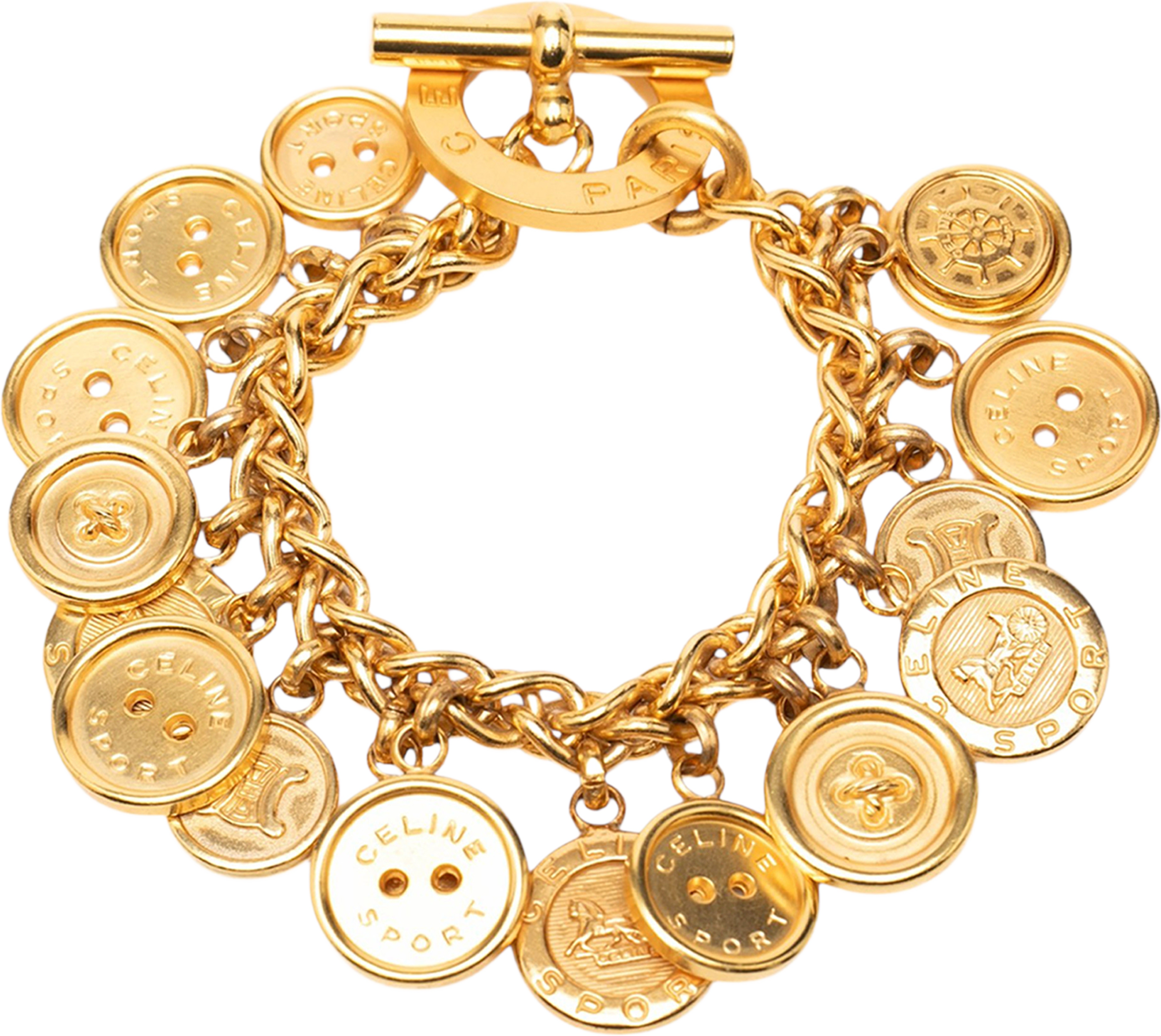 Celine Gold Plated Sport Button Medallion Charm Bracelet, från Luxclusif, i färgen gold. Klicka för att öppna bilden i stort format