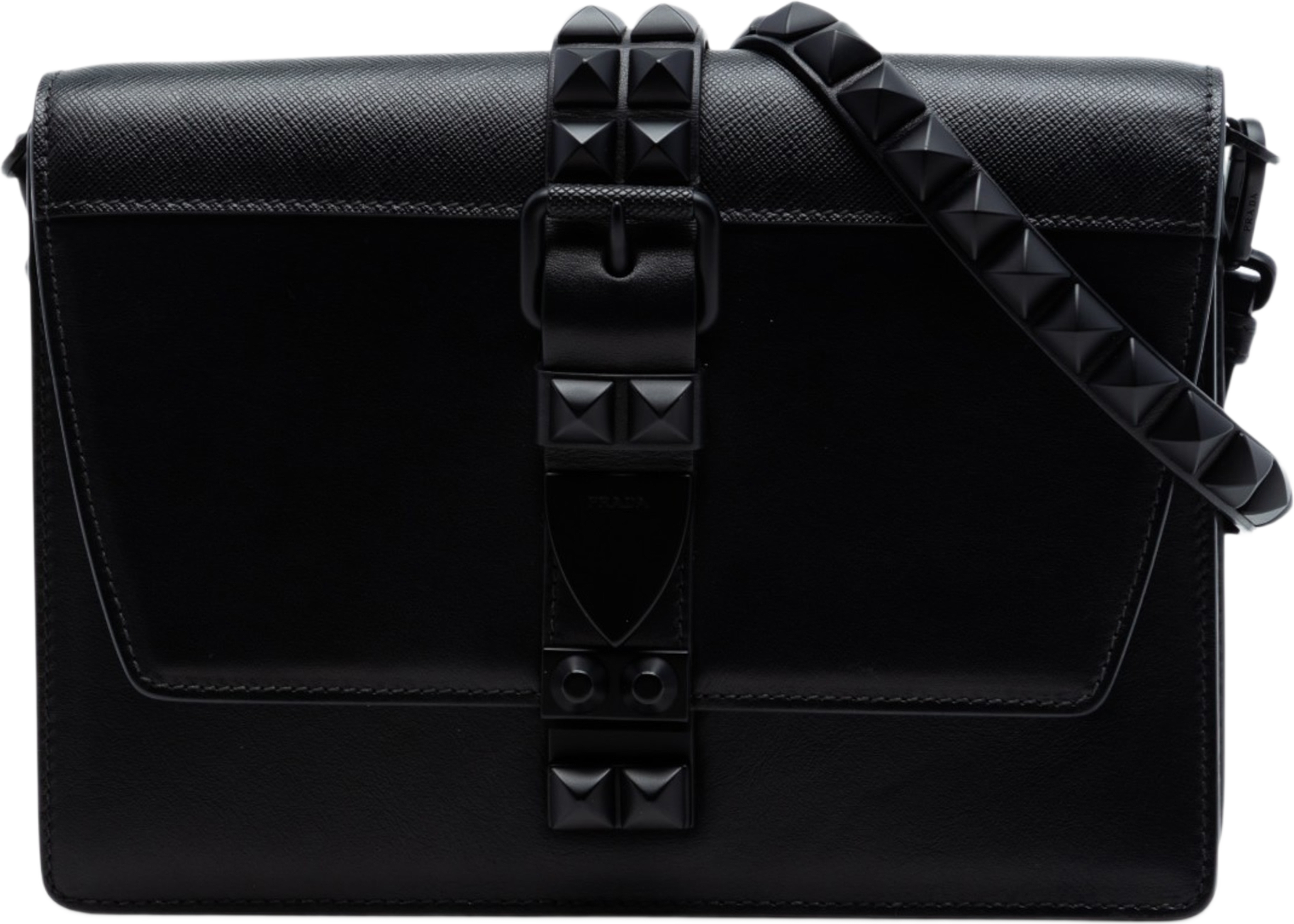 Prada Saffiano Trimmed Studded City Calf Elektra Crossbody, från Luxclusif, i färgen black. Klicka för att öppna bilden i stort format