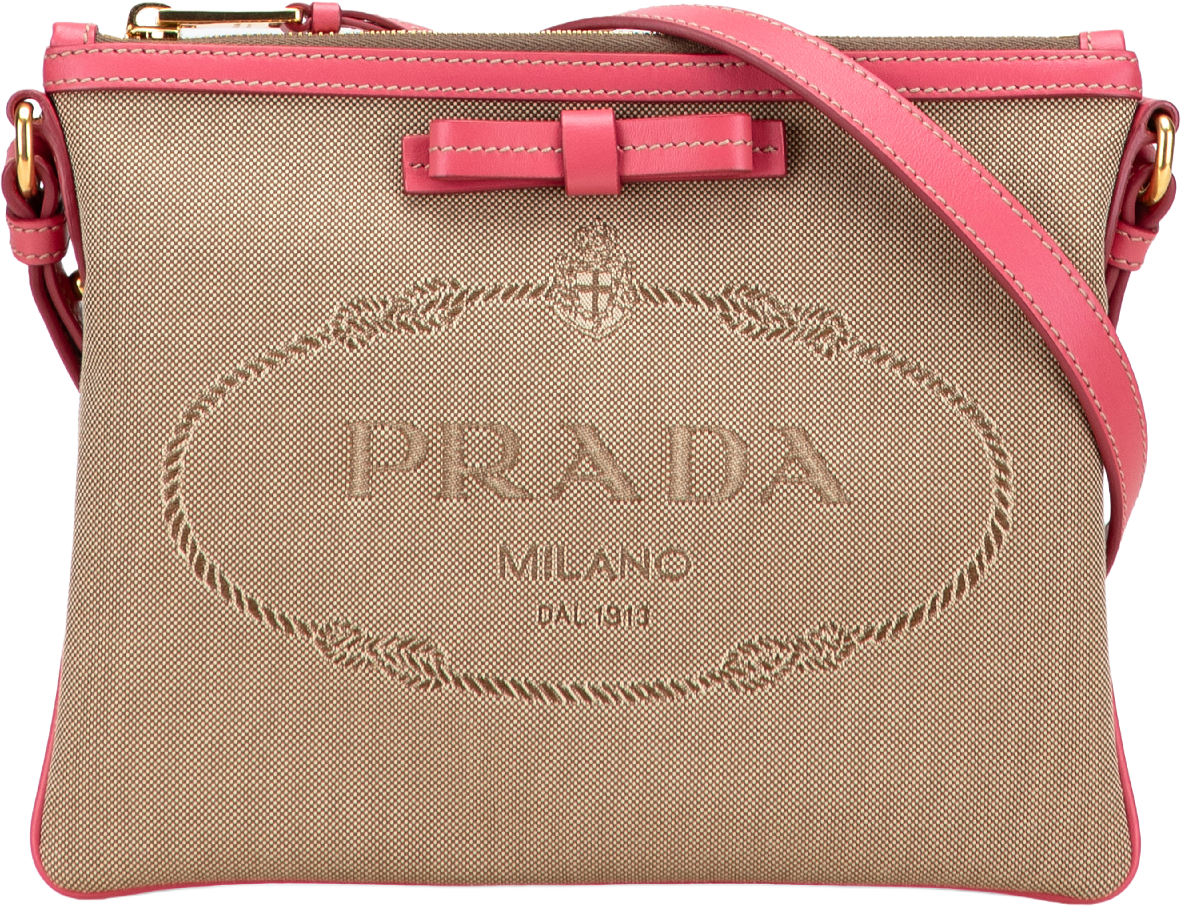 Prada Canvas Canapa Logo Bow Crossbody, från Luxclusif, i färgen beige. Klicka för att öppna bilden i stort format