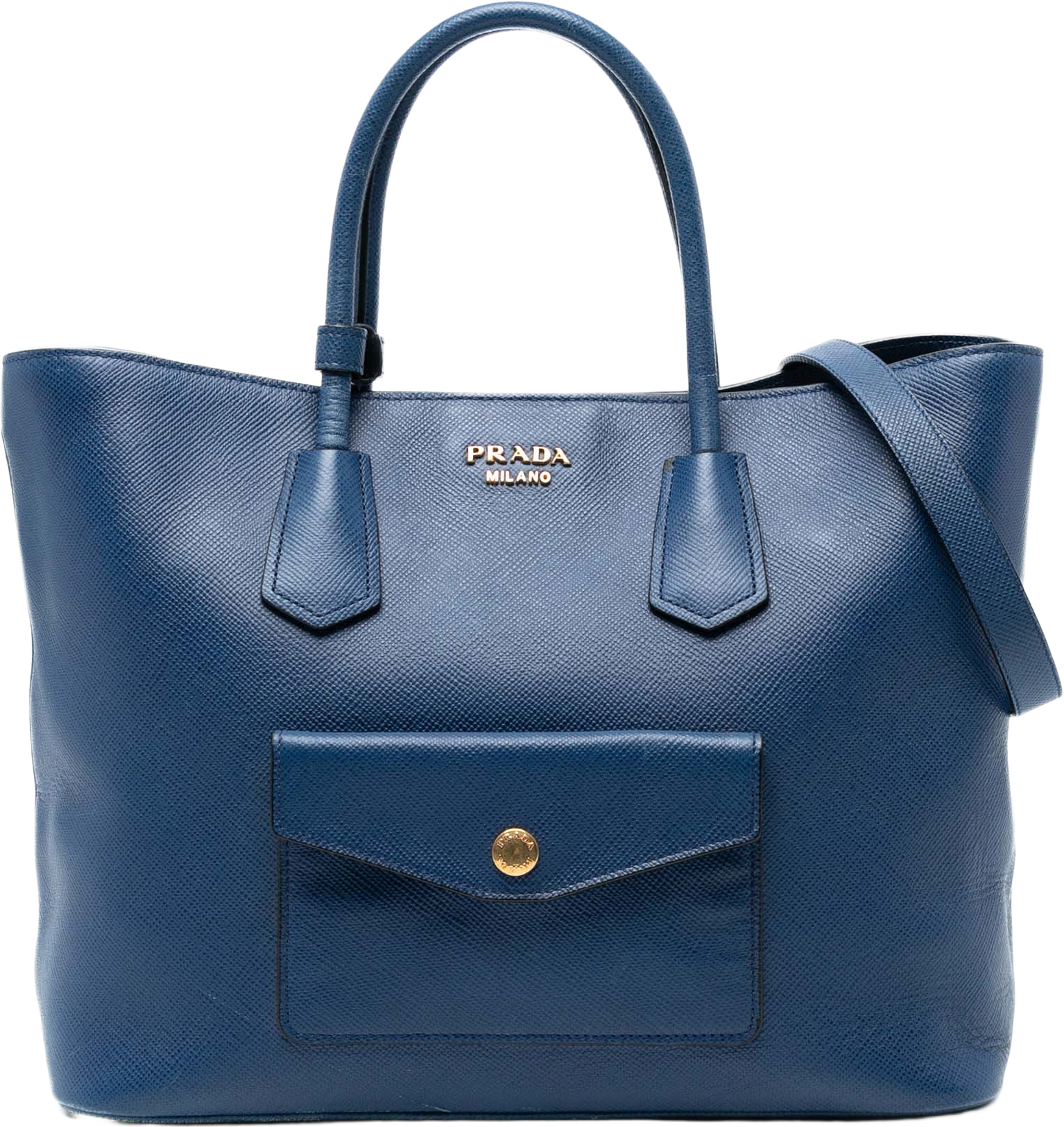 Prada Saffiano Cuir Front Pocket Convertible Tote, från Luxclusif, i färgen blue. Klicka för att öppna bilden i stort format