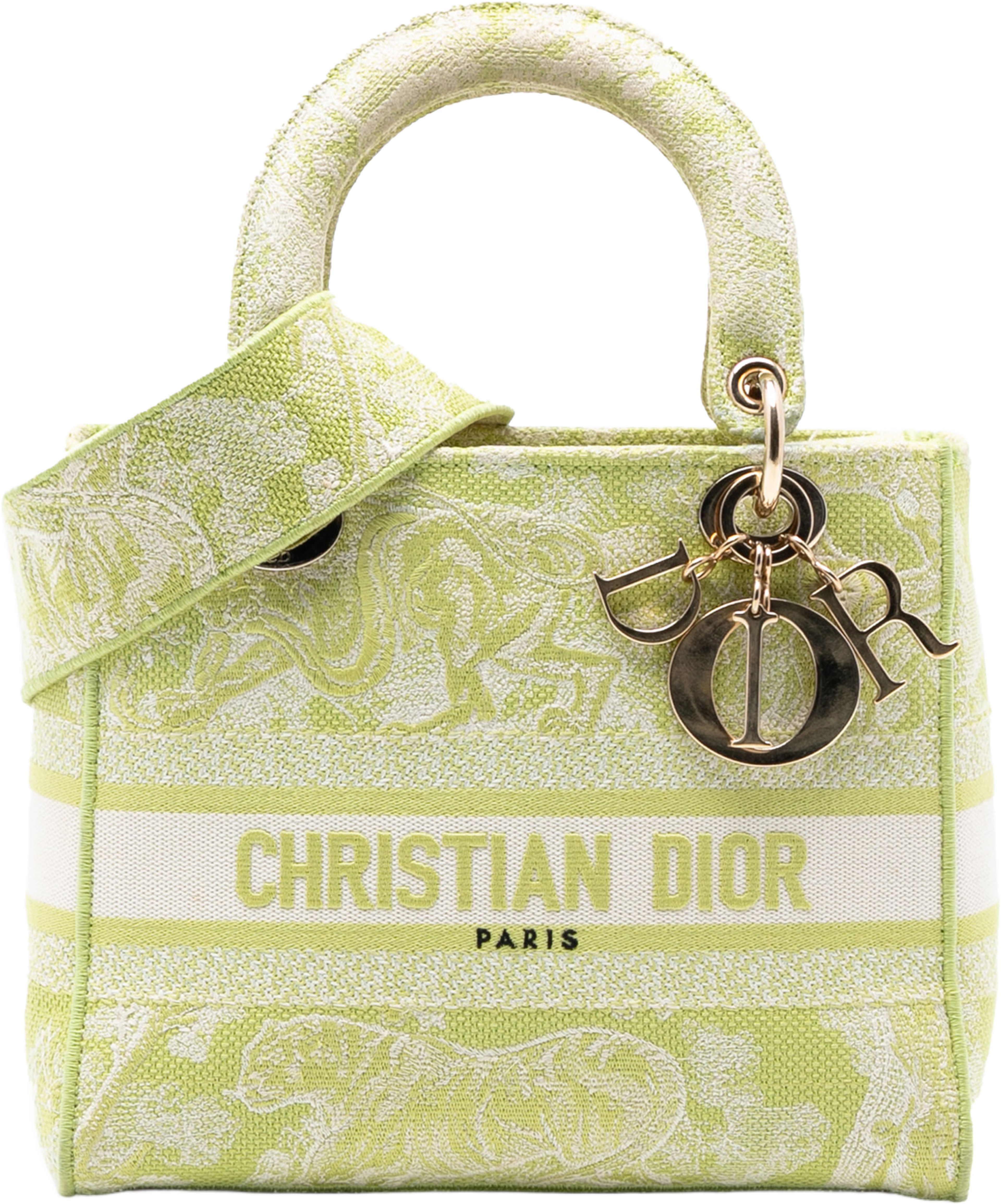 Dior Medium Embroidered Canvas Toile De Jouy Lady D Lite, från Luxclusif, i färgen lime. Klicka för att öppna bilden i stort format