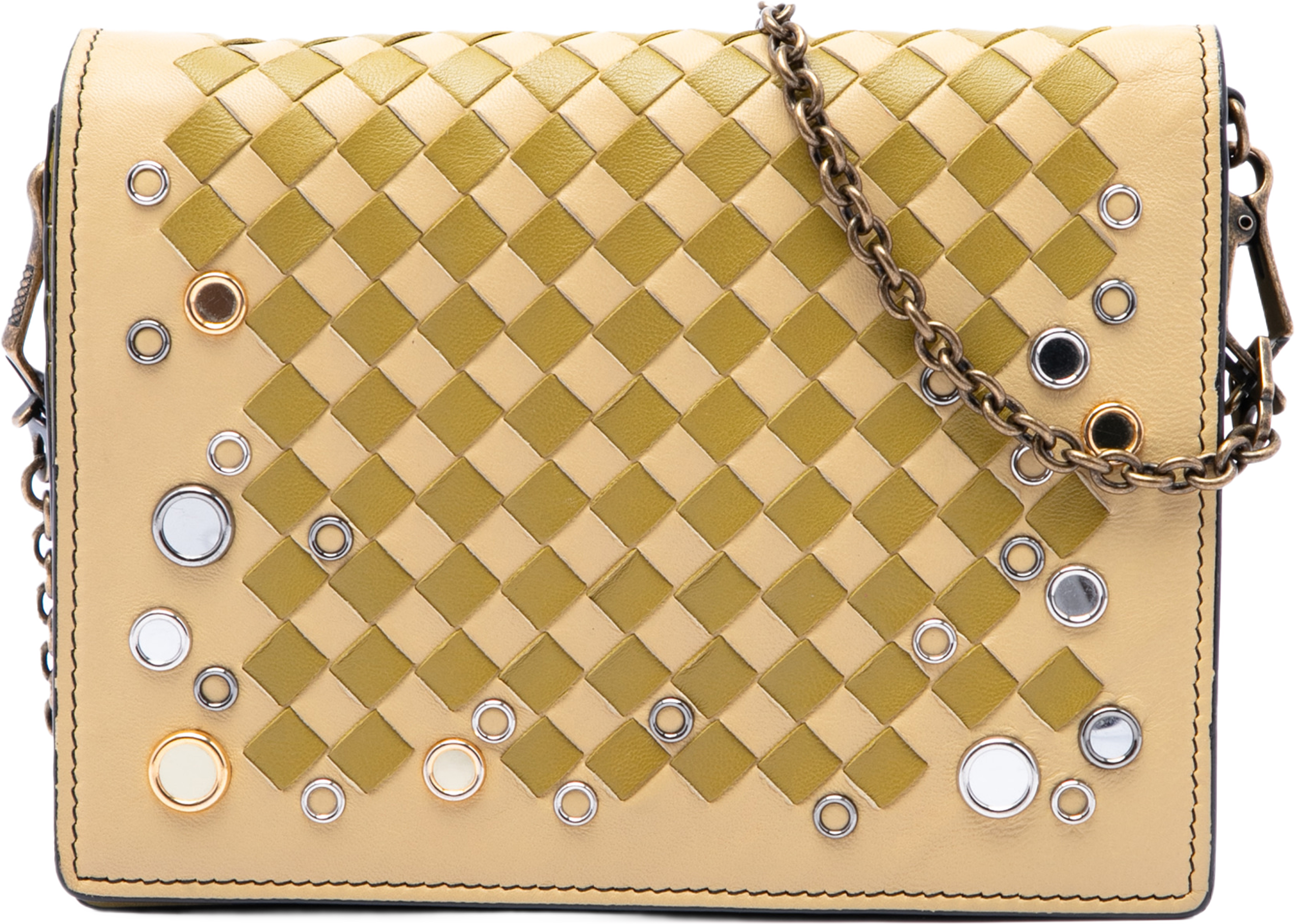 Bottega Veneta Nappa Intrecciato Studded Wallet On Chain, från Luxclusif, i färgen gul. Klicka för att öppna bilden i stort format