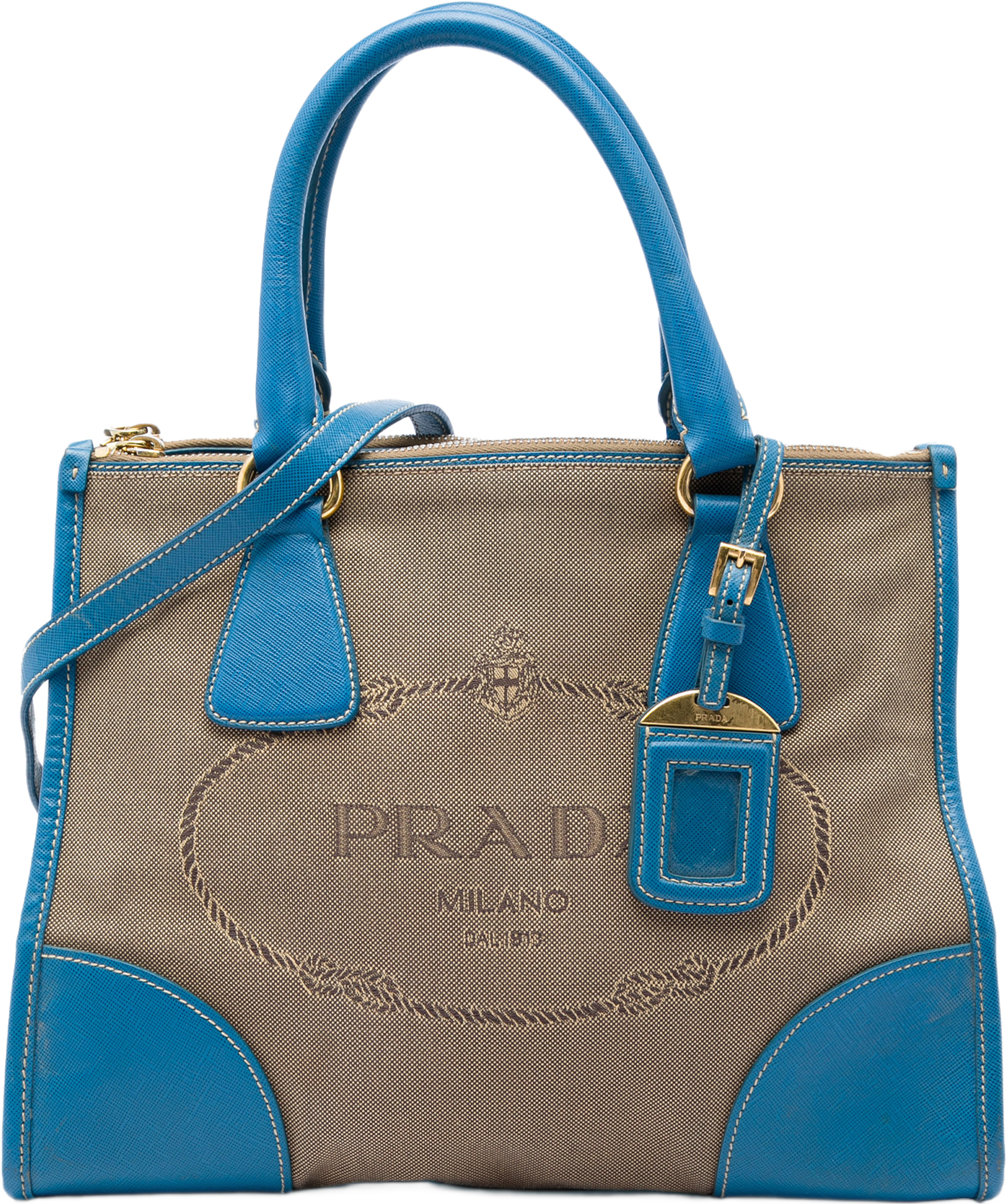Prada Saffiano Trimmed Canvas Canapa Logo Double Zip Satchel, från Luxclusif, i färgen brun. Klicka för att öppna bilden i stort format
