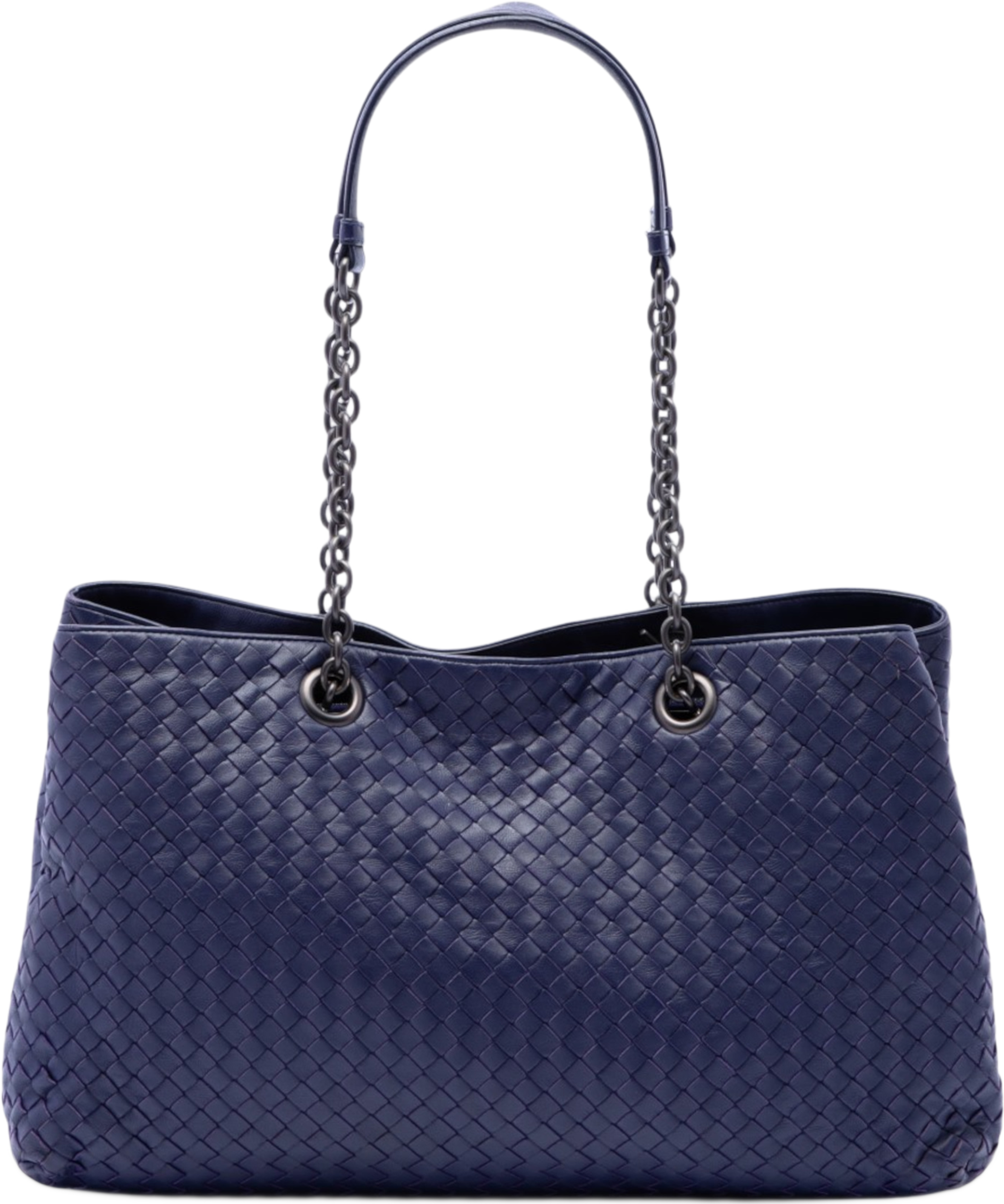 Bottega Veneta Large Nappa Intrecciato Double Chain Tote, från Luxclusif, i färgen navy. Klicka för att öppna bilden i stort format