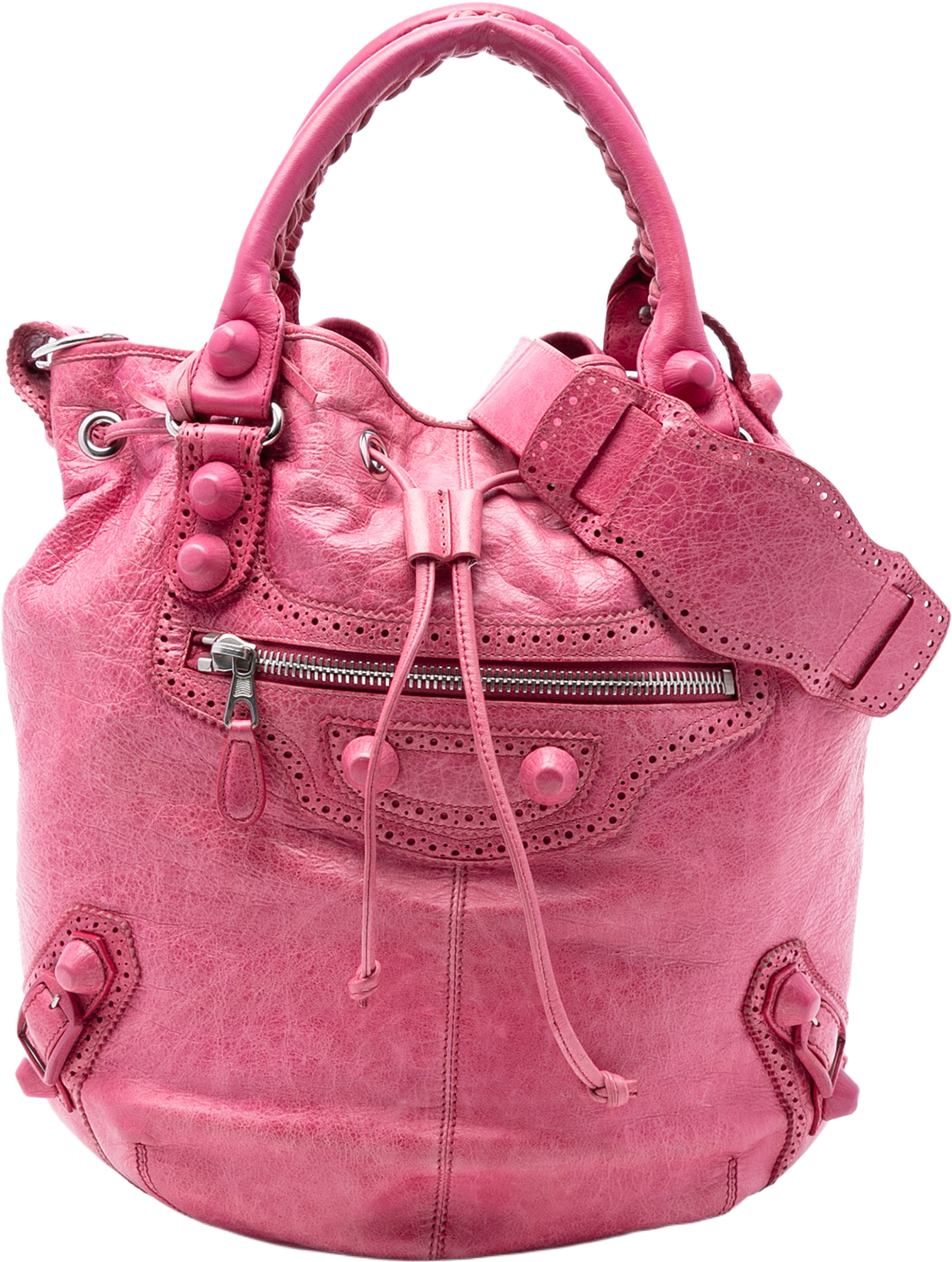 Balenciaga Lambskin Motocross Giant Brogues Pompon Bucket Bag, från Luxclusif, i färgen pink. Klicka för att öppna bilden i stort format