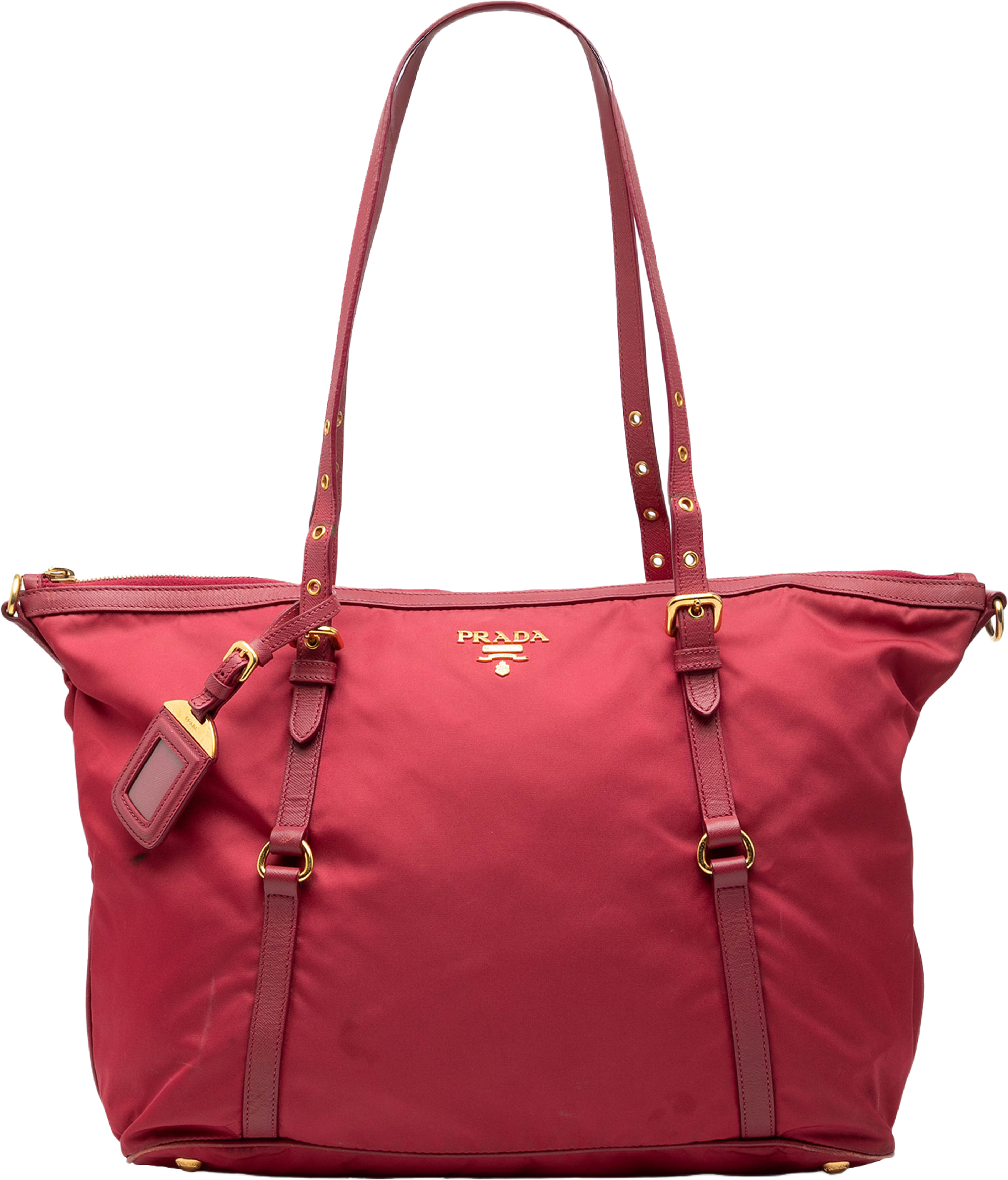 Prada Saffiano Trimmed Tessuto Zip Top Convertible Tote, från Luxclusif, i färgen red. Klicka för att öppna bilden i stort format