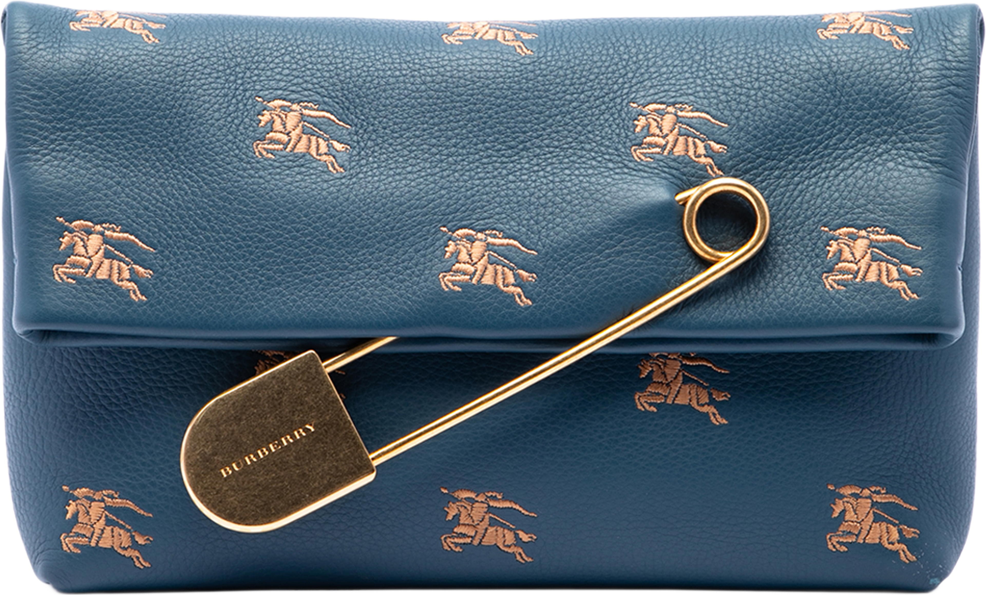 Burberry Medium Equestrian Knight Embroidered Leather Safety Pin Foldover Clutch, från Luxclusif, i färgen blå. Klicka för att öppna bilden i stort format