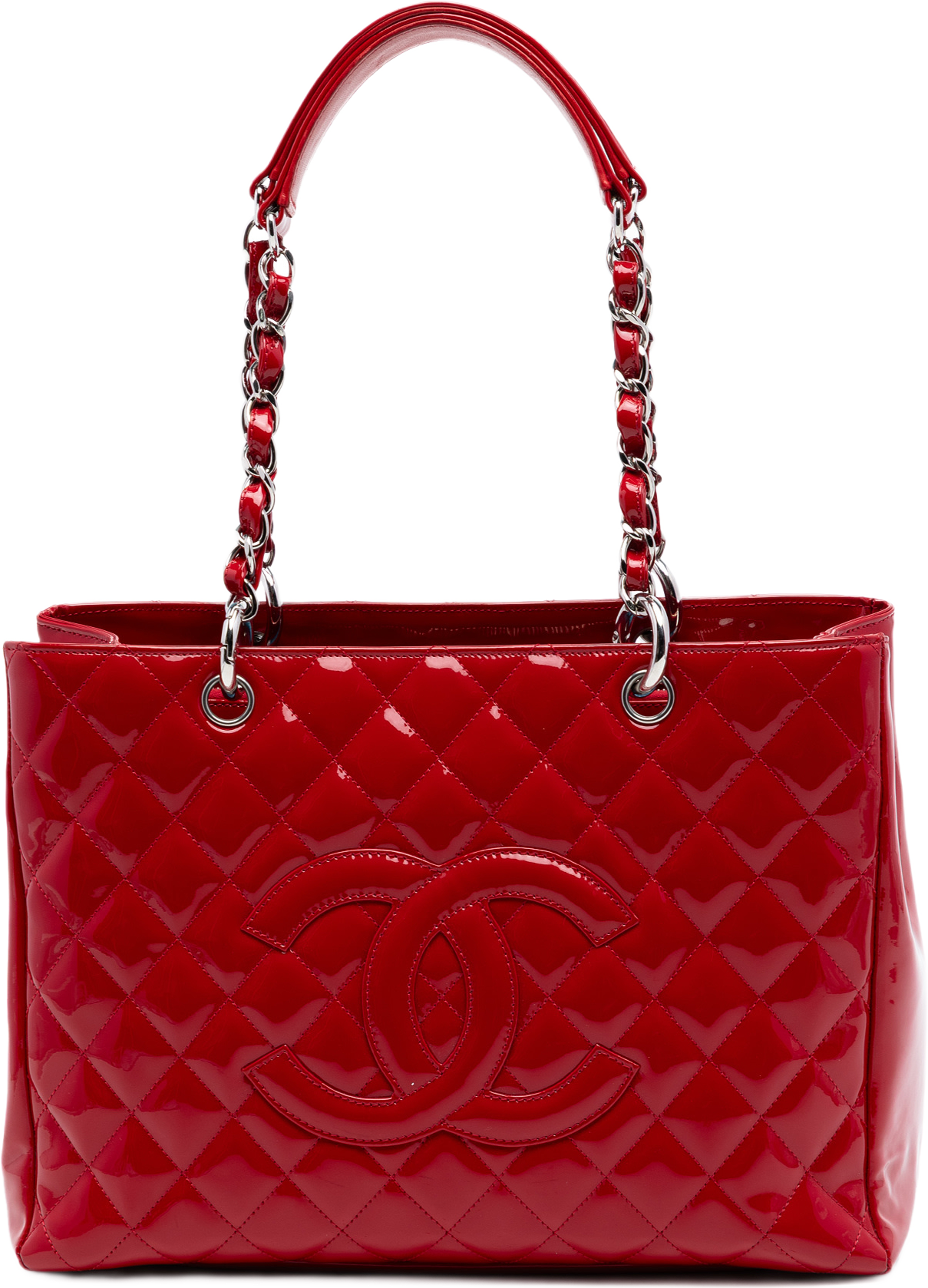 Chanel Patent Grand Shopping Tote, från Luxclusif, i färgen red. Klicka för att öppna bilden i stort format